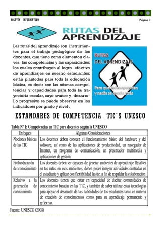 ESTANDARES DE COMPETENCIA TIC`S UNESCO
Las rutas del aprendizaje son instrumen-
tos para el trabajo pedagógico de los
docentes, que tiene como elementos cla-
ves las competencias y las capacidades;
los cuales contribuyen al logro efectivo
de aprendizajes en nuestro estudiantes;
están plantedas para toda la educación
básica, es decir son las mismas compe-
tencias y capacidades para toda la tra-
yectoria escolar, cuyo avance y desarro-
llo progresivo se puede observar en los
indicadores por grado y nivel .
Página 3BOLETÍN INFORMATIVO
 