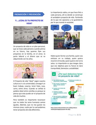 P á g i n a 2 | 5
Y… ¿CÚAL ES TU PROYECTO DE
VIDA?
Un proyecto de vida es un plan personal,
que se traza cada persona cuando piensa
en su futuro, hay quienes fijan sus
proyectos en la familia, en el amor, la
parte laboral y el dinero que se va
adquiriendo con los años.
El Proyecto de vida “ideal” según nuestra
cultura es ir a la universidad, conseguir un
buen trabajo, casarse, tener hijos, casa,
carro, entre otros. Cuando se señala la
palabra ideal entre comillas es porque se
piensa que este puede ser el proyecto de
vida de muchos.
Pero también es importante reconocer
que no todos los seres humanos somos
iguales, Además, que no nos gustan las
mismas cosas, razón por la cual podemos
tener proyectos de vida diferentes.
La importancia radica, en que hace feliz a
cada persona, ahí es donde se construye
el verdadero proyecto de vida. Partiendo
de lo que me apasiona y no guiándome
por lo que manda la sociedad.
Habrá quien forme una familia, quien sea
exitosos en su trabajo, quien quiera
recorrer el mundo, quien quiera vivir en la
selva. Lo importante es que tengas claro
que ese objetivo para tu futuro te dará
tranquilidad, bienestar y estabilidad.
https://www.hakunamatata.com.co/blog-hakuna-
matata/psicologia/proyecto-de-vida/
PROMOCIÓN Y PREVENCIÓN
¿QUIÉN
SOY?
¿CÓMO
SOY?
¿QUÉ
HAGO?
 