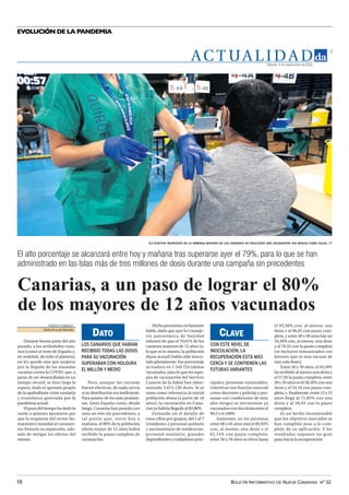 BOLETÍN INFORMATIVO DE NUEVA CANARIAS Nº 32
16
EVOLUCIÓN DE LA PANDEMIA
AC T UA L I D A D
3
Sábado, 4 de septiembre de 2021
LA POSITIVA RESPUESTA DE LA INMENSA MAYORÍA DE LOS CANARIOS HA FACILITADO UNA VACUNACIÓN TAN MASIVA COMO VELOZ. DA
El alto porcentaje se alcanzará entre hoy y mañana tras superarse ayer el 79%, para lo que se han
administrado en las Islas más de tres millones de dosis durante una campaña sin precedentes
Canarias, a un paso de lograr el 80%
de los mayores de 12 años vacunados
TINERFE FUMERO
Santa Cruz deTenerife
Durante buena parte del año
pasado, a los atribulados cana-
rios (como al resto de España y,
en realidad, de todo el planeta),
no les quedó otra que suspirar
por la llegada de las ansiadas
vacunas contra la COVID, que, a
pesar de ser desarrolladas en un
tiempo récord, se hizo larga la
espera, dado el apremio propio
de la apabullante crisis sanitaria
y económica generada por la
pandemia actual.
El paso del tiempo ha dado la
razón a quienes apostaron por
que la respuesta del sector far-
macéutico mundial al coronavi-
rus frenaría su expansión, ade-
más de mitigar los efectos del
mismo.
Pero, aunque las vacunas
fueran efectivas, de nada servía
si su distribución era ineficiente.
Para pasmo de los más pesimis-
tas, tanto España como, desde
luego, Canarias han pasado con
nota un reto sin precedentes, a
tal punto que, entre hoy y
mañana, el 80% de la población
isleña mayor de 12 años habrá
recibido la pauta completa de
vacunación.
Dicho pronóstico es bastante
fiable, dado que ayer la Conseje-
ría autonómica de Sanidad
informó de que el 79,01% de los
canarios mayores de 12 años (o,
lo que es lo mismo, la población
diana actual) había sido inocu-
ladaplenamente.Eseporcentaje
se traduce en 1.549.753 isleños
vacunados, para lo que los equi-
pos de vacunación del Servicio
Canario de la Salud han admi-
nistrado 3.013.120 dosis. Si se
toma como referencia la inicial
población diana (a partir de 16
años), la vacunación en Cana-
rias ya habría llegado al 82,80%.
Entrando en el detalle de
estas cifras por grupos, del 1 al 7
(residentes y personal sanitario
y sociosanitario de residencias;
personal sanitario; grandes
dependientes y cuidadores prin-
cipales; personas vulnerables;
colectivos con función esencial
como docentes y policías y per-
sonas con condiciones de muy
alto riesgo) se encuentran ya
vacunadoscondosdosisentreel
99,5 y el 100%.
Asimismo, en las personas
entre 60 y 65 años está el 82,92%
con, al menos, una dosis y el
62,14% con pauta completa;
entre 50 y 59 años se eleva hasta
el 95,50% con, al menos, una
dosis y al 96,05 con pauta com-
pleta, y entre 40 y 49 años hay un
59,30% con, al menos, una dosis
y el 76,52 con la pauta completa
(se incluyen inmunizados con
Janssen que es una vacuna de
una sola dosis).
Entre 30 y 39 años, el 63,58%
ha recibido al menos una dosis y
el 57,92 la pauta completa; entre
20y29añosesel58,50%conuna
dosis y el 52,34 con pauta com-
pleta, y, finalmente, entre 12 y 19
años llega al 71,85% con una
dosis y al 58,92 con la pauta
completa.
Es un hecho incontestable
que los objetivos marcados se
han cumplido pese a lo com-
plejo de su aplicación. Y los
resultados suponen un gran
paso hacia la recuperación.
LOS CANARIOS QUE HABÍAN
RECIBIDO TODAS LAS DOSIS
PARA SU VACUNACIÓN
SUPERABAN CON HOLGURA
EL MILLÓN Y MEDIO
DATO
CON ESTE NIVEL DE
INOCULACIÓN, LA
RECUPERACIÓN ESTÁ MÁS
CERCA Y SE CONTIENEN LAS
FUTURAS VARIANTES
CLAVE
 