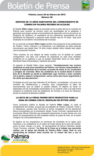 Palmira, lunes 20 de febrero de 2012
                               Número 40

   DESPUES DE 16 AÑOS HABITANTES DEL CORREG...