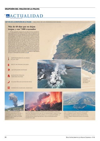 BOLETÍN INFORMATIVO DE NUEVA CANARIAS Nº 44
26
ERUPCIÓN DEL VOLCÁN DE LA PALMA
AC T UA L I D A D
4
Lunes, 22 de noviembre de 2021
Más de 60 días que no dejan
tregua y con 7.000 evacuados
El 19 de septiembre, después de unos días de intensa actividad sís-
mica, se abrió la boca del volcán en Cumbre Vieja. La erupción se con-
virtió desde entonces en la protagonista de la vida de las palmeras y pal-
meros, que viven con angustia cada día pensando cuándo se va a termi-
nar la pesadilla y cómo afrontar lo que viene ahora, quizás la etapa más
duradetodoelproceso,talycomoadviertenlosprofesionales.Elvolcán
no ha dado tregua a la isla en estos más de 60 días. Durante este tiempo,
hay quienes han perdido sus viviendas, su cultivos y su forma de vida,
incluso muchos de ellos y de ellas, hasta dos veces en pocas semanas.
Apenas dos días más tarde de la erupción, las evacuaciones de los veci-
nos que podían verse afectados obligaron a 5.700 personas a dejar sus
casas, que, ahora, después de 60 días, llegan a los más de 7.000. La ciu-
dadanía palmera espera la llegada de las ayudas directas de las institu-
ciones estatales y regionales y de las autoridades locales, mientras la
intermitenteactividadsísmicaylacalidaddelairealteraneldíaadía,las
clases presenciales, y llena de mascarillas FFP2 la zona del Valle de Ari-
dane en especial. Los daños económicos se cuantifican en 900 millones
de euros y 2.120 familias han perdido su casa
EL PASADO 19 DE SEPTIEMBRE
ENTRÓ EN ERUPCIÓN EL VOLCÁN
DE CUMBRE VIEJA, EN LA PALMA,
MOMENTO QUE LOGRÓ CAPTURAR
RTVC EN DIRECTO.
LA LAVA COMIENZAAARRASAR TERRENO. EN SU RECORRIDO, LA MASA DE
ROCA FUE CRECIENDO EN ALTURA, SE FUE ENSANCHANDO Y ENGULLÓ TODO
LO QUE ENCONTRABAA SU PASO. ENTRE EL 21 Y EL 26 DE SEPTIEMBRE, LA
COLADAAPENAS AVANZÓ 800 METROS Y SOLO SE APROXIMÓ MEDIO
KILÓMETRO AL MAR.
TEMPERATURA MEDIA DE LAS LENGUAS
DE LAVA: 1.050º
MÁS DE 7 MIL PERSONAS EVACUADAS
1.467 EDIFICACIONES DESTRUIDAS
66.476 METROS TOTALES DE
CARRETERAS AFECTADAS
LA SUPERFICIE DE
LA FAJANA
SUPERA LAS 42
HECTÁREAS
314,14 HECTÁREAS DE CULTIVOS AFECTADOS
SUPERFICIE DE COLADAS (M2). 10.509.546,94
TRAS 10 DÍAS DE ERUPCIÓN, LA LAVA LLEGAAL MAR Y
CREA LA PRIMERA FAJANA. CON ELLO, SE GENERÓ
UNA ENORME COLUMNA DE GASES TÓXICOS POR EL
CHOQUE TÉRMICO PRODUCIDO ENTRE LAS COLADAS
Y ELAGUA.
64º DÍA DE LA ERUPCIÓN EN LA PALMA BALANCE DE LOS PRIMEROS DOS MESES
 