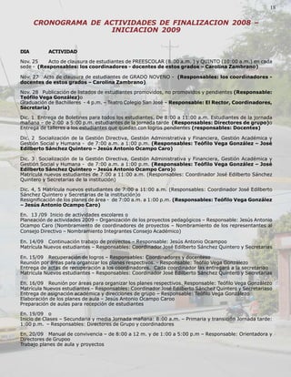 Palabra Juniorista                                                                                    18
                                                                                                       18

       CRONOGRAMA DE ACTIVIDADES DE FINALIZACION 2008 –
                       INICIACION 2009


 DIA        ACTIVIDAD

 Nov. 25    Acto de clausura de estudiantes de PREESCOLAR (8:00 a.m. ) y QUINTO (10:00 a.m.) en cada
 sede - (Responsables: los coordinadores - docentes de estos grados – Carolina Zambrano)

 Nov. 27 Acto de clausura de estudiantes de GRADO NOVENO - (Responsables: los coordinadores -
 docentes de estos grados – Carolina Zambrano)

 Nov. 28 Publicación de listados de estudiantes promovidos, no promovidos y pendientes (Responsable:
 Teófilo Vega González)o
 Graduación de Bachilleres - 4 p.m. – Teatro Colegio San José – Responsable: El Rector, Coordinadores,
 Secretaria)

 Dic. 1 Entrega de Boletines para todos los estudiantes. De 8:00 a 11:00 a.m. Estudiantes de la jornada
 mañana – de 2:00 a 5:00 p.m. estudiantes de la jornada tarde (Responsables: Directores de grupo)o
 Entrega de talleres a los estudiantes que quedan con logros pendientes (responsables: Docentes)

 Dic. 2 Socialización de la Gestión Directiva, Gestión Administrativa y Financiera, Gestión Académica y
 Gestión Social y Humana - de 7:00 a.m. a 1:00 p.m. (Responsables: Teófilo Vega González – José
 Edilberto Sánchez Quintero – Jesús Antonio Ocampo Caro)

 Dic. 3 Socialización de la Gestión Directiva, Gestión Administrativa y Financiera, Gestión Académica y
 Gestión Social y Humana - de 7:00 a.m. a 1:00 p.m. (Responsables: Teófilo Vega González – José
 Edilberto Sánchez Quintero – Jesús Antonio Ocampo Caro)o
 Matrícula nuevos estudiantes de 7:00 a 11:00 a.m. (Responsables: Coordinador José Edilberto Sánchez
 Quintero y Secretarias de la institución)

 Dic. 4, 5 Matrícula nuevos estudiantes de 7:00 a 11:00 a.m. (Responsables: Coordinador José Edilberto
 Sánchez Quintero y Secretarias de la institución)o
 Resignificación de los planes de área - de 7:00 a.m. a 1:00 p.m. (Responsables: Teófilo Vega González
 – Jesús Antonio Ocampo Caro)

 En. 13 /09 Inicio de actividades escolares o
 Planeación de actividades 2009 – Organización de los proyectos pedagógicos – Responsable: Jesús Antonio
 Ocampo Caro (Nombramiento de coordinadores de proyectos – Nombramiento de los representantes al
 Consejo Directivo – Nombramiento Integrantes Consejo Académico)

 En. 14/09 Continuación trabajo de proyectos – Responsable: Jesús Antonio Ocampoo
 Matrícula Nuevos estudiantes – Responsables: Coordinador José Edilberto Sánchez Quintero y Secretarias

 En. 15/09 Recuperación de logros – Responsables: Coordinadores y docenteso
 Reunión por áreas para organizar los planes respectivos. - Responsable: Teófilo Vega Gonzálezo
 Entrega de actas de recuperación a los coordinadores. Cada coordinador las entregará a la secretariao
 Matrícula Nuevos estudiantes – Responsables: Coordinador José Edilberto Sánchez Quintero y Secretarias

 En. 16/09 Reunión por áreas para organizar los planes respectivos. Responsable: Teófilo Vega Gonzálezo
 Matrícula Nuevos estudiantes – Responsables: Coordinador José Edilberto Sánchez Quintero y Secretariaso
 Entrega de asignación académica y direcciones de grupo – Responsable: Teófilo Vega Gonzálezo
 Elaboración de los planes de aula – Jesús Antonio Ocampo Caroo
 Preparación de aulas para recepción de estudiantes

 En. 19/09 o
 Inicio de Clases – Secundaria y media Jornada mañana: 8:00 a.m. – Primaria y transición Jornada tarde:
 1:00 p.m. – Responsables: Directores de Grupo y coordinadores

 En. 20/09 Manual de convivencia – de 8:00 a 12 m. y de 1:00 a 5:00 p.m – Responsable: Orientadora y
 Directores de Grupoo
 Trabajo planes de aula y proyectos
 