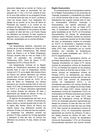 4
estuvieron debajo de su normal, en Tarma y en
San Juan de Jarpa el acumulado fue tan
pequeño de 1.7 mm. y 0.2 mm. durante el mes;
en la zona Alto Andina no se produjeron lluvias
en el primer tercio del mes, en Junín, La Oroya y
Laive las lluvias fueron muy irregulares por
debajo de su normal; en la zona de Selva en
Pichanaki fue superior a su normal en los
primeros 20 días y deficitario el resto del mes,
en Satipo fue deficitario en los primeros 20 días
y superior el resto del mes y en Puerto Ocopa
fue deficitario los primeros 10 días, superior el
segundo tercio y muy deficitario durante el resto
del mes, comparados con su normal climática.
Región Pasco
Las temperaturas máximas, estuvieron por
encima de su normal climática en: Zona Andina
Daniel A. Carrión (Yanahuanca), Alto Andina
(Cerro de Pasco) y en la Selva (Oxapampa,
Pozuzo) durante todo el mes en hasta 2.3°C
mayor en promedio, las normales de
Yanahuanca 20ºC, Cerro de Pasco 11.7ºC,
Oxapampa 23.2ºC y Pozuzo 29.3ºC.
Las temperaturas mínimas en la Región
Andina en Yanahuanca estuvieron por debajo
durante todo el mes, la temperatura mínima
normal es 6.1°C; en la región Alto Andina (Cerro
de Pasco) sus valores estuvieron por encima
durante todo el mes con hasta 2.4 °C más, su
temperatura mínima normal es -2.0°C; en la
zona de Selva en Oxapampa sus valores
estuvieron por encima durante todo el mes con
hasta 1.9°C más, su temperatura mínima normal
es 10.8°C y en Pozuzo estuvieron ligeramente
por encima durante los primeros 20 días, y
ligeramente por debajo los últimos 10 días, su
temperatura mínima normal es 17.8°C.
El régimen de precipitaciones del mes, en la
provincia de Daniel A. Carrión (Yanahuanca),
estuvo sobre su normal durante todo el mes. En
la región Alto Andina (Cerro de Pasco) sus
valores fueron muy deficitarios durante los
primeros 10 días y el resto del mes fue superior,
en Oxapampa fue deficitario durante los
primeros 10 días, superior los 10 días siguientes
y deficitario al final del mes, en Pozuzo fue
deficitario los primeros 10 días, inferior el resto
del mes.
Región Huancavelica
El comportamiento de la temperatura máxima
en la Región Huancavelica en las provincias de
Tayacaja: Acostambo y Colcabamba fue inferior
a su normal durante todo el mes, en Pampas y
Salcabamba fue superior durante todo el mes;
en Huancavelica (Pilchaca, Huancalpi y
Huancavelica), sus valores estuvieron por
encima durante todo el mes, en hasta 2.0°C
más, la temperatura máxima en promedio en
estas localidades es de 18.2°C; en Churcampa
(Paucarbamba) los valores de temperaturas
máximas fueron inferiores durante los primeros
10 días y superiores durante los 20 días finales
del mes, su temperatura máxima en promedio
es 18.4°C; en Acobamba y Angaraes (Lircay)
estuvo por encima durante todo el mes, con
hasta 2.8°C más, comparados con su normal
climática, sus normales de temperaturas
máximas en estas localidades son: 18.5°C y
20.4°C respectivamente.
Con relación a la temperatura mínima, en
promedio descendieron durante todo el mes en
Tayacaja (Acostambo) en hasta 4.7°C menos
(normal de temperatura mínima de Acostambo
2.7°C), en Pampas fue superior en los primeros
20 días e inferior al final del mes en hasta 1.1°C
menos (normal de temperatura mínima de
Pampas 0.9°C), en Salcabamba sus valores
estuvieron por encima durante todo el mes con
hasta 1.5°C más (normal de temperatura
mínima de Salcabamba 6.9°C), y en
Colcabamba estuvieron por encima durante los
primeros 10 días y por debajo los 20 días finales
del mes con hasta 0.8°C menos (normal de
temperatura mínima de Colcabamba 7.6°C); en
Huancavelica en Pilchaca estuvieron por encima
durante todo el mes con hasta 0.2°C más
(normal de temperatura mínima de Pilchaca
2.8°C), en Huancalpi estuvieron ligeramente por
debajo los primeros 10 días del mes con 2.5ºC
menos y por encima el resto del mes con hasta
2.2°C más (normal de temperatura mínima de
Huancalpi 1.0°C), en Huancavelica estuvieron
ligeramente por encima los primeros 10 días y
por debajo durante los últimos 20 días con
hasta 1.4°C menos (normal de temperatura
mínima de Huancavelica 1.2°C), en Churcampa
(Paucarbamba) estuvieron por encima durante
 