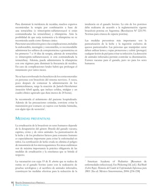 Boletín Epidemiológico Periódico
Boletín especial
Para disminuir la incidencia de recaídas, muchos expertos
recomiendan la terapia por combinación a base de
una tetraciclina (o trimetoprim-sulfametoxazol si están
contraindicadas las tetraciclinas) y rifampicina. Ante la
posibilidad de que surja resistencia a la rifampicina no se
recomienda usarla como fármaco único.
Paratratarunainfeccióngraveolascomplicaciones,incluídas
la endocarditis, meningitis y osteomielitis, es recomendable
administrar los sulfatos de estreptomicina o gentamicina en
los primeros 7 a 14 días de terapia, además de tetraciclina
(o trimetoprim-sulfametoxazol, si está contraindicada la
tetraciclina). Además, puede administrarse la rifampicina
con este régimen para disminuir la frecuencia de recidiva.
En caso de complicaciones letales habrá que prolongar el
tratamiento por varios meses.
Nosehancorroboradolosbeneficiosdeloscorticosteroides
en personas con brucelosis del sistema nervioso. A veces,
poco después de comenzar la administración de los
antimicrobianos, surge la reacción de Jarisch-Herxheimer
(reacción febril aguda, que incluye cefalea, mialgias y un
cuadro clínico agravado que dura menos de 24 horas).
Se recomienda el aislamiento del paciente hospitalizado.
Además de las precauciones estándar, conviene evitar la
transmisión por contacto en sujetos con heridas húmedas,
con algún tipo de secreción7
.
Medidas preventivas
La erradicación de la brucelosis en seres humanos depende
de la desaparición del género Brucella del ganado vacuno,
caprino, ovino y de otros animales. La pasteurización de
la leche y de los productos lácteos para consumo humano
es especialmente importante para evitar la enfermedad en
niños. La certificación de leche cruda no elimina el peligro
de transmisión de los microorganismos. En áreas endémicas
son de máxima importancia la práctica obligatoria de las
medidas de erradicación y la enseñanza que se brinda al
respecto.
La vacunación con cepa 19 de B. abortus que se realiza de
rutina en el ganado bovino junto con la realización de
pruebas serológicas y al sacrificio de animales infectados,
constituyen las medidas efectivas para la reducción de la
incidencia en el ganado bovino. La cría de los porcinos
debe realizarse de acuerdo a la reglamentación vigente
brucelosis porcina en Argentina. (Resolucion Nº 225/95-
Normas para crianza de especie porcina).
Las medidas preventivas más importantes son la
pasteurización de la leche y la ingestión exclusiva de
quesos pasteurizados. Las personas que manipulan carne
deben utilizar lentes y ropas protectoras y cubrir (proteger)
cualquier lesión de piel para evitar su infección. La detección
de animales infectados permite controlar su diseminación.
Existen vacunas para el ganado, pero no para los seres
humanos.
7
American Academy of Pediatrics [Resumen de
enfermedades infecciosas]. En: Pickering LK (ed.). Red Book
(Libro Rojo). Memoria del Comité de Enfermedades Infecciosas para
2003. 26a ed. México: Intersistemas, 2004: [236-238]
8
 
