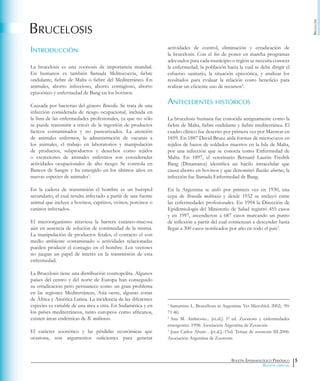 Boletín epidemiológico periódico
Boletín especial
Brucelosis
5
Brucelosis
introducción
La brucelosis es una zoonosis de importancia mundial.
En humanos es también llamada Melitococcia, fiebre
ondulante, fiebre de Malta o fiebre del Mediterráneo. En
animales, aborto infeccioso, aborto contagioso, aborto
epizoótico y enfermedad de Bang en los bovinos.
Causada por bacterias del género Brucella. Se trata de una
infección considerada de riesgo ocupacional, incluida en
la lista de las enfermedades profesionales, ya que no sólo
se puede transmitir a través de la ingestión de productos
lácteos contaminados y no pasteurizados. La atención
de animales enfermos, la administración de vacunas a
los animales, el trabajo en laboratorios y manipulación
de productos, subproductos y desechos como tejidos
o excreciones de animales enfermos son consideradas
actividades ocupacionales de alto riesgo. Se controla en
Bancos de Sangre y ha emergido en los últimos años en
nuevas especies de animales1
.
En la cadena de transmisión el hombre es un huésped
secundario, el cual resulta infectado a partir de una fuente
animal que incluye a bovinos, caprinos, ovinos, porcinos o
caninos infectados.
El microorganismo atraviesa la barrera cutáneo-mucosa
aún en ausencia de solución de continuidad de la misma.
La manipulación de productos fetales, el contacto el con
medio ambiente contaminado o actividades relacionadas
pueden producir el contagio en el hombre. Los vectores
no juegan un papel de interés en la transmisión de esta
enfermedad.
La Brucelosis tiene una distribución cosmopolita. Algunos
países del centro y del norte de Europa han conseguido
su erradicación pero permanece como un gran problema
en las regiones Mediterráneas, Asia oeste, algunas zonas
de África y América Latina. La incidencia de las diferentes
especies es variable de una área a otra. En Sudamérica y en
los países mediterráneos, tanto europeos como africanos,
existen áreas endémicas de B. melitensis.
El carácter zoonótico y las pérdidas económicas que
ocasiona, son argumentos suficientes para generar
actividades de control, eliminación y erradicación de
la brucelosis. Con el fin de poner en marcha programas
adecuados para cada municipio o región se necesita conocer
la enfermedad, la población hacia la cual se debe dirigir el
esfuerzo sanitario, la situación epizoótica, y analizar los
resultados para evaluar la relación costo beneficio para
realizar un eficiente uso de recursos2
.
antecedentes Históricos
La brucelosis humana fue conocida antiguamente como la
fiebre de Malta, fiebre ondulante y fiebre mediterránea. El
cuadro clínico fue descrito por primera vez por Marston en
1859. En 1887 David Bruce aísla formas de micrococos en
tejidos de bazos de soldados muertos en la Isla de Malta,
por una infección que se conocía como Enfermedad de
Malta. En 1897, el veterinario Bernard Laurits Fredrik
Bang (Dinamarca) identifica un bacilo intracelular que
causa aborto en bovinos y que denominó Bacilus abortus, la
infección fue llamada Enfermedad de Bang.
En la Argentina se aisló por primera vez en 1930, una
cepa de Brucella melitensis y desde 1932 se incluyó entre
las enfermedades profesionales. En 1994 la Dirección de
Epidemiología del Ministerio de Salud registró 455 casos
y en 1997, ascendieron a 687 casos marcando un punto
de inflexión a partir del cual comienzan a descender hasta
llegar a 300 casos notificados por año en todo el país3
.
1
Samartino L. Brucellosis in Argentina. Vet Microbiol. 2002; 90:
71-80.
2
Ana M. Ambrosio... [et.al.]. 1ª ed. Zoonosis y enfermedades
emergentes. 1998: Asociación Argentina de Zoonosis.
3
Juan Carlos Abuin…[et.al.].-1ªed. Temas de zoonosis III.2006:
Asociación Argentina de Zoonosis
 