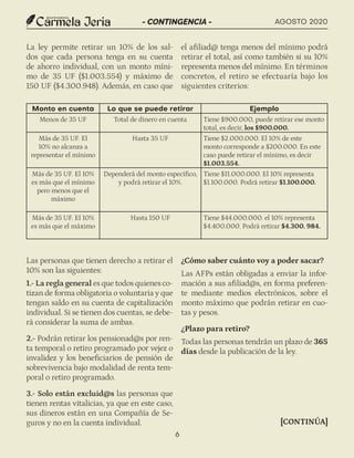 AGOSTO 2020
6
La ley permite retirar un 10% de los sal-
dos que cada persona tenga en su cuenta
de ahorro individual, con un monto míni-
mo de 35 UF ($1.003.554) y máximo de
150 UF ($4.300.948). Además, en caso que
el afiliad@ tenga menos del mínimo podrá
retirar el total, así como también si su 10%
representa menos del mínimo. En términos
concretos, el retiro se efectuaría bajo los
siguientes criterios:
Monto en cuenta Lo que se puede retirar Ejemplo
Menos de 35 UF Total de dinero en cuenta Tiene $900.000, puede retirar ese monto
total, es decir, los $900.000.
Más de 35 UF. El
10% no alcanza a
representar el mínimo
Hasta 35 UF Tiene $2.000.000. El 10% de este
monto corresponde a $200.000. En este
caso puede retirar el mínimo, es decir
$1.003.554.
Más de 35 UF. El 10%
es más que el mínimo
pero menos que el
máximo
Dependerá del monto específico,
y podrá retirar el 10%.
Tiene $11.000.000. El 10% representa
$1.100.000. Podrá retirar $1.100.000.
Más de 35 UF. El 10%
es más que el máximo
Hasta 150 UF Tiene $44.000.000. el 10% representa
$4.400.000. Podrá retirar $4.300. 984.
Las personas que tienen derecho a retirar el
10% son las siguientes:
1.- La regla general es que todos quienes co-
tizan de forma obligatoria o voluntaria y que
tengan saldo en su cuenta de capitalización
individual. Si se tienen dos cuentas, se debe-
rá considerar la suma de ambas.
2.- Podrán retirar los pensionad@s por ren-
ta temporal o retiro programado por vejez o
invalidez y los beneficiarios de pensión de
sobrevivencia bajo modalidad de renta tem-
poral o retiro programado.
3.- Solo están excluid@s las personas que
tienen rentas vitalicias, ya que en este caso,
sus dineros están en una Compañía de Se-
guros y no en la cuenta individual.
¿Cómo saber cuánto voy a poder sacar?
Las AFPs están obligadas a enviar la infor-
mación a sus afiliad@s, en forma preferen-
te mediante medios electrónicos, sobre el
monto máximo que podrán retirar en cuo-
tas y pesos.
¿Plazo para retiro?
Todas las personas tendrán un plazo de 365
días desde la publicación de la ley.
- CONTINGENCIA -
[CONTINÚA]
 