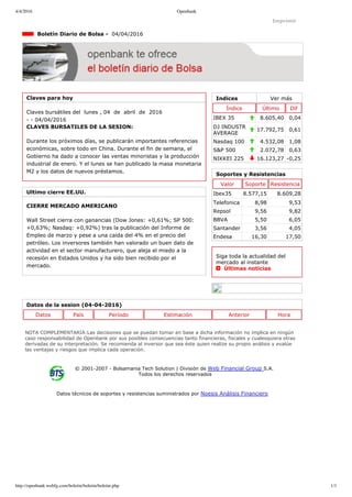 4/4/2016 Openbank
http://openbank.webfg.com/boletin/boletin/boletin.php 1/1
Indices Ver más
Índice Último Dif
IBEX 35 8.605,40 0,04
DJ INDUSTR
AVERAGE
17.792,75 0,61
Nasdaq 100 4.532,08 1,08
S&P 500 2.072,78 0,63
NIKKEI 225 16.123,27 ­0,25
Imprimir
  Boletín Diario de Bolsa ­  04/04/2016
Claves para hoy
Claves bursátiles del  lunes , 04  de  abril  de  2016
­ ­ 04/04/2016
CLAVES BURSATILES DE LA SESION: 
Durante los próximos días, se publicarán importantes referencias
económicas, sobre todo en China. Durante el fin de semana, el
Gobierno ha dado a conocer las ventas minoristas y la producción
industrial de enero. Y el lunes se han publicado la masa monetaria
M2 y los datos de nuevos préstamos.
Ultimo cierre EE.UU.
CIERRE MERCADO AMERICANO
Wall Street cierra con ganancias (Dow Jones: +0,61%; SP 500:
+0,63%; Nasdaq: +0,92%) tras la publicación del Informe de
Empleo de marzo y pese a una caída del 4% en el precio del
petróleo. Los inversores también han valorado un buen dato de
actividad en el sector manufacturero, que aleja el miedo a la
recesión en Estados Unidos y ha sido bien recibido por el
mercado.
Soportes y Resistencias
Valor Soporte Resistencia
Ibex35 8.577,15 8.609,28
Telefonica 8,98 9,53
Repsol 9,56 9,82
BBVA 5,50 6,05
Santander 3,56 4,05
Endesa 16,30 17,50
Siga toda la actualidad del
mercado al instante 
  Últimas noticias
Datos de la sesion (04­04­2016)
Datos País Período Estimación Anterior Hora
NOTA COMPLEMENTARIA:Las decisiones que se puedan tomar en base a dicha información no implica en ningún
caso responsabilidad de Openbank por sus posibles consecuencias tanto financieras, fiscales y cualesquiera otras
derivadas de su interpretación. Se recomienda al inversor que sea éste quien realize su propio análisis y evalúe
las ventajas y riesgos que implica cada operación.
© 2001­2007 ­ Bolsamania Tech Solution | División de Web Financial Group S.A. 
Todos los derechos reservados
Datos técnicos de soportes y resistencias suministrados por Noesis Análisis Financiero
 