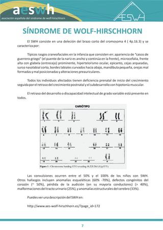 N
        aeswh




                                                                                                                                R
                                                                                                                               O
                                                                                                                              H
                                                                                                                             H
                                                                                                                           SC
                                                                                                                         IR
                                                                                                                        H
                                                                                                                      LF
                                                                                                                     O
                                                                                                                    W
                                                                                                                 E
                                                                                                                D
                                                                                                                E
                                                                                                               M
                                                                                                              O
                                                                                                             R
                                                                                                            D
                                                                                                           N
                                                                                                        SI
                                                                                                     EL
                                                                                                    D
                                                                                                   LA
                                                                                                  O
                                                                                                 Ñ
                                                                                              PA
                                                                                            ES
                                                                                          N
                                                                                        IÓ
asociación española del sindrome de wolf-hirschhorn




                                                                                       C
                                                                                       IA
                                                                                      C
                                                                                     O
                                                                                  AS
                SÍNDROME DE WOLF-HIRSCHHORN
                   El SWH consiste en una deleción del brazo corto del cromosoma 4 ( 4p.16.3) y se
            caracteriza por:

                   Típicos rasgos craneofaciales en la infancia que consisten en: apariencia de “casco de
            guerrero griego” (el puente de la nariz es ancho y continúa en la frente), microcefalia, frente
            alta con glabela (entrecejo) prominente, hipertelorismo ocular, epicanto, cejas arqueadas,
            surco nasolabial corto, bordes labiales curvados hacia abajo, mandíbula pequeña, orejas mal
            formadas y mal posicionadas y alteraciones preauriculares.

                  Todos los individuos afectados tienen deficiencia prenatal de inicio del crecimiento
            seguida por el retraso del crecimiento postnatal y el subdesarrollo con hipotonía muscular.

                     El retraso del desarrollo o discapacidad intelectual de grado variable está presente en
            todos.




                  Las convulsiones ocurren entre el 50% y el 100% de los niños con SWH.
            Otros hallazgos incluyen anomalías esqueléticas (60% -70%), defectos congénitos del
            corazón (~ 50%), pérdida de la audición (en su mayoría conductores) (> 40%),
            malformaciones del tracto urinario (25%), y anomalías estructurales del cerebro (33%).

                     Puedes ver una descripción del SWH en:

                     http://www.aes-wolf-hirschhorn.es/?page_id=172




                                                           7
 
