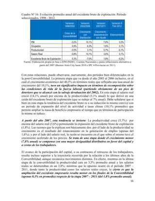 Cuadro Nº 16: Evolución promedio anual del excedente bruto de explotación. Período
seleccionados. 1998 - 2012.
                                               Variación       Variación        Variación     Variación II
                                              1998/2002       2002/2006        2007/2011      Trim 2012

                                                              Crecimiento     Crecimiento -
                                             Crisis de la
                                                                  con        desaceleración- Estancamiento
                                            Convertibilidad
                                                              Distribución     con Ajuste
             PBI                                     -3,0%          10,1%             7,8%            0,0%
             Ocupados                                0,6%             6,3%            1,6%            0,1%
             Productividad                           -3,5%            3,1%            5,7%           -0,1%
             Salario Real                            -3,8%          14,1%             3,6%            0,1%
              Excedente Bruto de Explotación         0,3%          -7,0%            1,8%        -0,2%
       Fuente: Elaboración propia en base a EPH-INDEC, Cuentas Nacionales y pauta inflacionaria alternativa a
                      partir del 2007 (Buenos Aires City hasta 2010 e IPC 4 Provincias en 2011)


Con estas relaciones, puede observarse, nuevamente, dos períodos bien diferenciados en la
la post-Convertibilidad. La primera etapa que va desde el año 2003 al 2006 inclusive, en el
cual el crecimiento económico del 40,5% en términos reales que reflejaba una tasa anual de
crecimiento del 10,1%, tuvo un significativo impacto en términos de recomposición sobre
las condiciones de vida de la fuerza laboral (partiendo obviamente de un pico de
deterioro que se alcanzó con la salvaje devaluación del 2002), En esta etapa el salario real
creció (14,1% anual) por encima de la productividad (3,1% anual) lo que derivó en una
caída del excedente bruto de explotación (que se redujo al 7% anual). Debe señalarse que si
bien en esta etapa la tendencia del excedente bruto es a su reducción la misma convive con
un período de expansión del nivel de actividad a tasas chinas (10,1% promedio) que
permite ampliar la masa de beneficio empresario al tiempo que en términos de participación
la misma se reduce.

A partir del año 2007, esta tendencia se invierte: La productividad crece (5,7%) por
encima del salario real (3,6%) permitiendo la expansión del excedente bruto de explotación
(1,8%). Las razones que la explican son básicamente dos: por el lado de la productividad su
crecimiento es el resultado del estancamiento en la generación de empleo (apenas del
1,6%); y por el lado del salario real, la razón se encuentra en el que sobre el mismo tuvo el
crecimiento acelerado de los precios. Se trata de una etapa donde el crecimiento menor
(7,8% anual) se compensa con una mayor desigualdad distributiva en favor del capital y
a costas de los trabajadores.

El avance de la participación del capital, o su contracara el retroceso de los trabajadores,
resulta incluso superior a la trayectoria recorrida por la relación a los últimos años de la
Convertibilidad, aunque reconozca movimientos distintos. En efecto, mientras en la última
etapa de la convertibilidad la productividad caía en 3,5% promedio anual y los salarios
reales se deterioraban en un 3,8%; mientras que lo opuesto ocurre en el período 2007 –
2011, donde tanto la productividad como los salarios reales creces, lo cierto es que la
ampliación del excedente empresario resulta menor en los finales de la Convertibilidad
(apenas 0,3% en promedio) respecto de la etapa 2007 – 2011 (del 1,8% promedio anual).
                                                                                                             16	
  

	
  
 