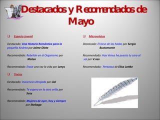 Destacados y Recomendados de Mayo Espacio Juvenil Destacado:   Una Historia Romántica para la           pequeña Andrea  por   Jaime Olate Recomendado:  Rebelión en el Organismo  por      Mateo Recomendado:  Erase  una vez la vida  por  Lenys Textos Destacado:  Inocencia Ultrajada  por  Liel Recomendado:  Te espero en la otra orilla  por    Susy Recomendado:   Mujeres de ayer, hoy y siempre     por  Etelsaga Microrelatos Destacado:  El beso de las hadas  por  Sergio     Bustamante  Recomendado:  Hoy Venus ha puesto tu cara al  sol  por  V.nas Recomendado:  Perezosa  de  Elisa Lattke 