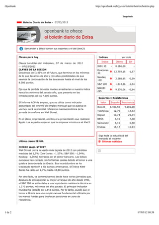 Openbank                                                                       http://openbank.webfg.com/boletin/boletin/boletin.php


                                                                                                         Imprimir

               Boletín Diario de Bolsa - 07/03/2012




                Santander y BBVA borran sus soportes y el del Ibex35


           Claves para hoy                                                       Indices                 Ver más

                                                                                    Índice        Último       Dif
           Claves bursátiles del miércoles , 07 de marzo de 2012
           - - 07/03/2012                                                       IBEX 35      -    8.166,60           -
           CLAVES DE LA SESION                                                  DowJones
           Descensos del 3,43% en el Futuro, que termina en los mínimos                          12.759,15     -1,57
                                                                                30
           de lo que llevamos de año y con altas posibilidades de que
                                                                                Nasdaq
           veamos la continuación de los descensos hasta el nivel de los                          2.588,95     -0,99
                                                                                100
           8.000 puntos.
                                                                                S&P 500           1.343,36     -1,54
                                                                                NIKKEI
           Ojo que la pérdida de estos niveles arrastrarían a nuestro índice                      9.576,06     -0,64
                                                                                225
           hasta los mínimos del pasado año, que presenta en las
           inmediaciones de los 7.500 puntos.
                                                                                 Soportes y Resistencias

           El Informe ADP de empleo, que se utiliza como indicador                 Valor     Soporte     Resistencia
           adelantado del informe de empleo mensual que se publica el
                                                                                Ibex35       8.453,50      9.081,08
           viernes, será la principal referencia macroeconómica de la
                                                                                Telefonica       12,79         14,53
           jornada de mañana en Wall Street.
                                                                                Repsol           19,74         21,74
           En el plano empresarial, atentos a la presentación que realizará     BBVA              6,10          7,30
           Apple. Los expertos esperan que la empresa introduzca el iPad3.      Santander         6,10          6,60
                                                                                Endesa           16,12         16,93


                                                                                 Siga toda la actualidad del
                                                                                 mercado al instante
           Ultimo cierre EE.UU.                                                     Últimas noticias

           CIERRE WALL STREET
           Wall Street cierra la sesión más bajista de 2012 con pérdidas
           medidas del 1,5% (Dow Jones: -1,57%; S&P 500: -1,54%;
           Nasdaq: -1,36%) lideradas por el sector bancario. Las bolsas
           europeas han cerrado con fortísimas caídas debido al temor a una
           quiebra desordenada de Grecia. Esa incertidumbre se ha
           trasladado también a los bancos americanos. El Índice KBW
           Banks ha caído un 2,7%, hasta 43,80 puntos.


           Por otro lado, ya comentábamos desde hace varias jornadas que,
           después de protagonizar su mejor arranque de año desde 1991,
           el S&P 500 se enfrentaba a una importante resistencia técnica en
           1.370 puntos, máximos del año pasado. El principal indicador
           mundial ha cerrado en 1.343 puntos. Por lo tanto, puede que el
           temor a Grecia sea una simple excusa fundamental utilizada por
           las manos fuertes para deshacer posiciones en zona de
           resistencia.




1 de 2                                                                                                                   07/03/12 08:58
 