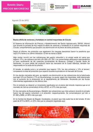 Agosto 23 de 2012




 Buena oferta de verduras y hortalizas en central mayoristas de Cúcuta

 El Sistema de Información de Precios y Abastecimiento del Sector Agropecuario, SIPSA, informó
 que durante la jornada de hoy mejoró la oferta de verduras y hortalizas en la central mayorista de
 Cúcuta, comportamiento que provocó una disminución en el precio de estos productos.

 Según el informe, los productos que registraron los mayores descensos fueron la zanahoria que
 cayó 21% frente a su última cotización. El kilo se transó a $550.

 Algo similar ocurrió con las cotizaciones del pepino cohombro y la arveja verde en vaina que
 bajaron 17% y se cotizaron por kilo a $1.000 y $1.763. Los comerciantes atribuyeron esta tendencia
 al buen rendimiento de las cosechas provenientes de Mutiscua, Chitagá y Cacotá, Norte de
 Santander. La poca salida del producto hacia los mercados de la Costa Atlántica, también fue
 responsable en la caída de los precios.

 El tomate, la cebolla junca y el pimentón que bajaron 13%, los dos primeros y 12% el tercero,
 completaron la lista de productos que cayeron durante la jornada en el mercado de Cúcuta.

 En los demás mercados del país, se registró una disminución en las cotizaciones de la habichuela
 que bajó 12% en Pereira y 11% en Bucaramanga. La causa, según los mayoristas, está relacionada
 con el aumento de la producción en el departamento de Santander, favorecida por las lluvias
 intermitentes registradas en los últimos días.

 Por el contrario se observó un incremento significativo en el precio del chócolo mazorca que en el
 mercado de Cali se comercializó el kilo a $732, un 37% más que ayer.

 En los mercados de Bucaramanga y Medellín las cotizaciones que más subieron durante la jornada
 fueron las del pepino cohombro y el pimentón, respectivamente. Se comercializaron por kilo a
 $1.380 y $988, un 26% más que ayer.

 En la Central de Abasto de Bogotá, Corabastos, el precio que más subió fue el del tomate. El kilo
 pasó de $773 a $970, un 25% más que la cotización registrada ayer.
 