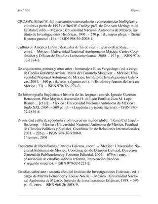 Año 2, N° 6                                                                      Página 3



CROSBY, Alfred W. El intercambio transoceánico : consecuencias biológicas y
  culturas a partir de 1492 / Alfred W. Crosby; pról. de Otto von Mering; tr. de
  Cristina Carbó. – México : Universidad Nacional Autónoma de México, Ins-
  tituto de Investigaciones Históricas, 1991. – 270 p. : il., mapas plegs. – (Serie
  Historia general ; 16). – ISBN 968-36-2005-1.

Cultura en América Latina : deslindes de fin de siglo / Ignacio Díaz Ruiz,
    coord. – México : Universidad Nacional Autónoma de México, Centro Coor-
    dinador y Difusor de Estudios Latinoamericanos, 2000. – 193 p. – ISBN 970-
    32-1274-3.

De arquitectura, pintura y otras artes : homenaje a Elisa Vargaslugo / ed. a cargo
    de Cecilia Gutiérrez Arriola, María del Consuelo Maquívar. – México : Uni-
    versidad Nacional Autónoma de México, Instituto de Investigaciones Estéti-
    cas, 2004. – 560 p. : il., retrs. (algunos col.). – (Estudios y fuentes del arte en
    México ; 73). – ISBN 970-32-1274-3.

De historiografía lingüística e historia de las lenguas / coords. Ignacio Guzmán
   Betancourt, Pilar Maynez, Ascensión H. de León Portilla; Juan M. Lope
   Blanch ... [et al]. – México : Universidad Nacional Autónoma de México :
   Siglo XXI, 2004. – 509 p. : il. – (Lingüística y teoría literaria). – ISBN 970-
   32-1846-6.

Diversidad cultural, economía y política en un mundo global / Ileana Cid Capeti-
   llo, comp. – México : Universidad Nacional Autónoma de México, Facultad
   de Ciencias Políticas y Sociales, Coordinación de Relaciones Internacionales,
   2001. – 226 p. – ISBN 968-36-9500-0.
   1ª reimpr., 2001.

Encuentro de liberalismos / Patricia Galeana, coord. -- México : Universidad Na-
   cional Autónoma de México, Coordinación de Difusión Cultural, Dirección
   General de Publicaciones y Fomento Editorial, 2004. – 679 p. : retrs. --
   (Asociación de estudios sobre la reforma, intervención francesa
   y segundo imperio). – ISBN 970-32-1221-2.

Estudios sobre arte : sesenta años del Instituto de Investigaciones Estéticas / ed. a
    cargo de Martha Fernández y Louise Noelle. – México : Universidad Nacio-
    nal Autónoma de México, Instituto de Investigaciones Estéticas, 1998. – 596
    p. : il., retrs. – ISBN 968-36-5058-9.
 