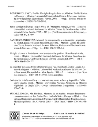 Página 8                                                                 BOLETIN BIBLIOGRÁFICO



  ROMERO POLANCO, Emilio. Un siglo de agricultura en México / Emilio Rome-
    ro Polanco. – México : Universidad Nacional Autónoma de México, Instituto
    de Investigaciones Económicas : Porrúa, 2002. – [104] p. – (Textos breves de
    economía). – ISBN 970-701-291-9.

  Saber y poder en México : siglos xvi al xx / Margarita Mengus, coord. – México :
     Universidad Nacional Autónoma de México, Centro de Estudios sobre la Uni-
     versidad : M.A. Porrúa, 1997. – 319 p. – (Problemas educativos de México). –
     ISBN 968-842-670-9.

  SÁNCHEZ SANTOVEÑA, Manuel. De conservación y restauración : arquitectu-
     ra, ciudad, paisaje / Manuel Sánchez Santoveña. – México : Centro de Exten-
     sión Taxco, Escuela Nacional de Artes Plásticas, Universidad Nacional Autó-
     noma de México. – 190 p. : il. – ISBN 970-92927-0-6.

  El siglo xix ante el feminismo : una interpretación positiva / Lourdes Alvarado,
      comp. – México : Universidad Nacional Autónoma de México, Coordinación
      de Humanidades, Centro de Estudios sobre la Universidad, 1991. – 151 p. –
      ISBN 968-36-2047-7.

  La sociedad mexicana frente al tercer milenio / ed. Humberto Muñoz García, Ro-
      berto Rodríguez. – México : Universidad Nacional Autónoma de México, Co-
      ordinación de Humanidades : M.A. Porrúa, 1999. – 3 t. : cuadros. – (Las Cien-
      cias sociales). – ISBN 968-842-980-5 obra completa.

  Sociedad de la información y el conocimiento : entre lo falaz y lo posible / Delia
      Crovi Druetta, coord. – México : Universidad Nacional Autónoma de México ;
      Argentina : La Crujía, 2004. – 391 p. – (Inclusiones. Categorías). – ISBN 987-
      1004-71-0.

  SUAREZ ZOZAYA, Ma. Herlinda. Memoria de un pueblo : proceso de restaura-
     ción comunitaria en San Antón / Ma. Herlinda Suárez Zozaya. – México : Uni-
     versidad Nacional Autónoma de México, Centro Regional de Investigaciones
     Multidisciplinarias : M.A. Porrúa, 2003. – 123 p. : retrs. – ISBN 970-701-355-
     9.


               Centro INAH Hidalgo                      Biblioteca “Antonio Peñafiel”
               Casasola s/n, Exconvento de San Francisco, C.P. 42050, Pachuca, Hgo.
               Tel./Fax. (771) 714-35-20, correo electrónico: inah_hgo@yahoo.com.mx
 