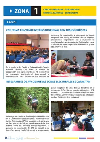 ZONA

1

CARCHI - IMBABURA - TUNGURAHUA MORONA SANTIAGO - ESMERALDAS

Carchi
CNE FIRMA CONVENIO INTERINSTITUCIONAL CON TRA...