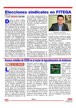 uno de ellos, la participación es su-
                                       perior al 80% y FITEQA-CCOO, se



D
                                       mantiene como primer sindicato
        urante el último trimestre     con 36 delegados y delegadas, por
        del año 2010, se inició el     25 de UGT 18 de CSIF, 9 de CGT,
        periodo álgido de renova-      5 de ELA, 7 de LAB, 3 de ESK y 1
ción de mandatos electorales. En       Independiente.
estos meses, además de proceder
a la renovación de los procesos        En BRIDGESTONE-FIRESTONE
que han ido cumpliendo, se han         con una plantilla de 3.800, con 4
celebrado las elecciones sindicales    centros de trabajo y una participa-
en algunos de los principales gru-     ción del 91%, y a las que han con-
                                       currido 6 candidaturas, las de FITE-          Benjamín de la Heras
pos industriales de nuestro ámbito,                                          Secretario Elecciones Sindicales Fiteqa
con unos resultados en general         QA-CCOO, ha obtenido 1.200 votos
favorables a las candidaturas pre-     el 36,7% de los votos emitidos y el conjunto de los 6 centros de trabajo
sentados por FITEQA-CC.OO.,            37% de los delegados y delegadas. que tiene repartidos por todo el Estado
todo ello nos ha permitido ampliar     En el Grupo MAXAM, con una plan- con más de 1.100 empleos, con 29
nuestra representación y la diferen-   tilla superior a 6.000 trabajadores y delegados y delegadas.
cia con relación a UGT, pasando        trabajadoras en el Mundo y 1.200 En SOLVAY Martorell, FITEQA-
de la una diferencia de 734 delega-    en España, FITEQA-CCOO, ha me- CCOO, alcanza su mejor resultado en
das y delegados a 31 de diciembre      jorado los resultados anteriores las elecciones sindicales, obteniendo
de 2006, a los 1.080 de diferencia     consiguiendo 6 delegados más de la mayoría absoluta, tanto en votos
al 31 de diciembre de 2010.            los obtenidos en las elecciones del como en representantes elegidos, así
Cabe destacar los resultados obte-     2006.                                 mismo en TOLSA de Madrid con 3
nidos en MICHELIN ESPAÑA, con          En SAINT GOBAIN VERALLIA, an-           centros de trabajo, las candidaturas de
una plantilla de 8.300 personas, y     tigua VICASA, FITEQA-CCOO, al-          CC.OO., han obtenido el 70,3% de los
con 9 centros en el conjunto del       canza la mayoría absoluta, de los       votos con 13 representantes por 2 de
Estado, a falta de la votación en      54 representantes elegidos en el        UGT.




                                       almazaras, donde se eligen un im-                             anteriores que
                                       portante número de delegados/as.                              vencía      UGT.



L
                                       Seguimos avanzando progresiva-                                Los resultados
        a Federación Agroalimenta-     mente en Córdoba. Igualmente                                  por provincias
        ria de CCOO en Andalucía       hemos incrementado de manera                                  reflejan lo si-
        ha dado un avance significa-   destacada nuestra diferencia a fa-
                                                                                                     guiente:      en
tivo en el proceso de renovación de    vor en la provincia de Huelva, si-
                                                                                                     Cádiz y Huelva
los representantes de los trabaja-     tuándose ya en 149 delegados/as.
dores y trabajadoras de las diferen-   En Cádiz aunque recuperamos una                               la UGT tiene un
tes empresas del sector agroali-       parte de los representantes que se      delegados en cada provincia; en Jaén
mentario de Andalucía. Al cierre del   nos habían caído, seguimos siendo       5 CCOO, 2 UGT y 2 CSI-F
pasado año, CCOO había reducido        la primera fuerza sindical en el sec-   (anteriormente eran 4 CCOO y 5
la diferencia en 131 delegados/as      tor. Solo la provincia de Almería       UGT); en Málaga CCOO hemos obte-
con el principal adversario (que       presenta una tendencia negativa         nido los 5 delegados/as a elegir y en
estaba a 156), quedando todavía        que se espera recuperar en los          Sevilla hemos mantenido los delega-
entorno al 49% de los delegados/       próximos meses.                         dos aún bajando el número de miem-
as por elegir. Se han producido        Respecto a las empresas más gran-       bros del comité, es decir, en las ante-
importantes avances en las provin-     des, los datos más destacados son       riores elecciones CCOO teníamos 6 y
cias de Sevilla, Málaga, Granada y     los de HEINEKEN, que a nivel de         UGT 17 y ahora nosotros seguimos
Jaén. En esta última provincia,        Andalucía hemos obtenido 16 dele-
queda por celebrarse la mayoría de                                             teniendo 6 delegados y UGT ha baja-
                                       gados por 15 UGT, respecto a las        do a 11.
las elecciones sindicales en las

                                               Página 3
 