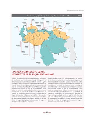 Distribución geográfica de la población ocupada por entidad federal. Primer semestre 2006
Figura 2 Fuente: INE, 2006
A partir de Marzo de 2005 entra en vigencia el Sistema
de Notificación de Accidentes de Trabajo del Inpsasel, en
el marco de las herramientas que daba la anterior Ley Or-
gánica de Prevención, Condiciones y Medio Ambiente de
Trabajo, como punto de partida del proceso de recupera-
ción del control del Estado sobre las condiciones y medio
ambiente del trabajo, en uno de sus indicadores como
lo son los accidentes de trabajo. Simultáneamente con el
lanzamiento del formato de Notificación de Accidente de
Trabajo, se implementó en conjunto con la Dirección de
Higiene, Seguridad y Ergonomía, la Oficina de Tecnolo-
gías de la Información y las propias Direcciones Estadales
de Salud de losTrabajadores (Diresat), a través de las Uni-
dades de Registro, un programa informático de registro
electrónico de accidentes de trabajo.
A partir de Marzo de 2005 entra en vigencia el Sistema
de Notificación de Accidentes de Trabajo del Inpsasel, en
el marco de las herramientas que daba la anterior Ley Or-
gánica de Prevención, Condiciones y Medio Ambiente de
Trabajo, como punto de partida del proceso de recupera-
ción del control del Estado sobre las condiciones y medio
ambiente del trabajo, en uno de sus indicadores como
lo son los accidentes de trabajo. Simultáneamente con el
lanzamiento del formato de Notificación de Accidente de
Trabajo, se implementó en conjunto con la Dirección de
Higiene, Seguridad y Ergonomía, la Oficina de Tecnolo-
gías de la Información y las propias Direcciones Estadales
de Salud de losTrabajadores (Diresat), a través de las Uni-
dades de Registro, un programa informático de registro
electrónico de accidentes de trabajo.
ZULIA
1.388.378
TÁCHIRA
499.777
TRUJILLO
267.782
MÉRIDA
329.149
PORTUGUESA
309.614
APURE
184.858
AMAZONAS
39.431
BARINAS
264.565
COJEDES
114.424
GUÁRICO
301.222
BOLíVAR
505.460
DELTA AMACURO
42.566
MONAGAS
306.945
SUCRE
323.279
ARAGUA
685.629
FALCÓN
343.605 LARA
683.927
YARACUY
211.315
NUEVA ESPARTA
175.460
ANZOÁTEGUI
580.940
MIRANDA
1.231.595
CAPITAL
921.774
VARGAS
136.512
CARABOBO
915.376ZULIA
1.388.378
TÁCHIRA
499.777
TRUJILLO
267.782
MÉRIDA
329.149
PORTUGUESA
309.614
APURE
184.858
AMAZONAS
39.431
BARINAS
264.565
COJEDES
114.424
GUÁRICO
301.222
BOLíVAR
505.460
DELTA AMACURO
42.566
MONAGAS
306.945
SUCRE
323.279
ARAGUA
685.629
FALCÓN
343.605 LARA
683.927
YARACUY
211.315
NUEVA ESPARTA
175.460
ANZOÁTEGUI
580.940
MIRANDA
1.231.595
CAPITAL
921.774
VARGAS
136.512
CARABOBO
915.376
ANÁLISIS COMPARATIVO DE LOS
ACCIDENTES DE TRABAJO AÑOS 2005-2006
INSTITUTO NACIONAL DE PREVENCIÓN, SALUD Y SEGURIDAD LABORALES
11
Boletín Epidemiológico del Inpsasel 2007
 