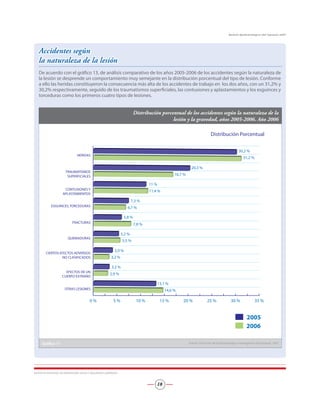 Accidentes según
la naturaleza de la lesión
De acuerdo con el gráfico 13, de análisis comparativo de los años 2005-2006 de los accidentes según la naturaleza de
la lesión se desprende un comportamiento muy semejante en la distribución porcentual del tipo de lesión. Conforme
a ello las heridas constituyeron la consecuencia más alta de los accidentes de trabajo en los dos años, con un 31,2% y
30,2% respectivamente, seguido de los traumatismos superficiales, las contusiones y aplastamientos y los esguinces y
torceduras como los primeros cuatro tipos de lesiones.
Distribución porcentual de los accidentes según la naturaleza de la
lesión y la gravedad, años 2005-2006. Año 2006
0 % 5 % 10 % 15 % 20 % 25 % 30 % 35 %
OTRAS LESIONES
EFECTOS DE UN
CUERPO EXTRAÑO
CIERTOS EFECTOS ADVERSOS
NO CLASIFICADOS
QUEMADURAS
FRACTURAS
ESGUINCES,TORCEDURAS
CONTUSIONES Y
APLASTAMIENTOS
TRAUMATISMOS
SUPERFICIALES
HERIDAS
30,2 %
31,2 %
20,3 %
16,7 %
11 %
11,4 %
7,3 %
5,8 %
7,8 %
5,2 %
5,5 %
3,9 %
3,2 %
3,2 %
2,9 %
13,1 %
14,6 %
6,7 %
2005
2006
Distribución Porcentual
Gráfico 11 Fuente: Dirección de Epidemiología e Investigación del Inpsasel, 2007
INSTITUTO NACIONAL DE PREVENCIÓN, SALUD Y SEGURIDAD LABORALES
18
Boletín Epidemiológico del Inpsasel 2007
 