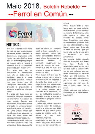 Maio 2018. Boletín Rebelde --
--Ferrol en Común.--
EDITORIAL
 