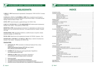 INTRODUCCIÓN ................................................................................................................................4
GENERALIDADES .............................................................................................................................5
SILVIVULTURA .................................................................................................................5
ESPECIES FORESTALES ..................................................................................................5
ORIGEN DEL PINO ........................................................................................................... 6
SISTEMAS FORESTALES.................................................................................................6
MORFOLOGIA....................................................................................................................................7
TAXONOMÍA......................................................................................................................................7
DIFERENCIAS Y SEMEJANZAS......................................................................................................8
ETAPAS DEL CULTIVO....................................................................................................................8
EN VIVERO .........................................................................................................................................9
OBTENCIÓN DE SEMILLAS ............................................................................................9
SIEMBRA.............................................................................................................................9
TRASPLANTE...................................................................................................................10
PLANIFICACION DEL CULTIVO..................................................................................................11
ESTUDIO FISICO DEL LUGAR......................................................................................11
ELECCIÓN DE LA ESPECIE...........................................................................................11
DISEÑO DE PLANTACIÓN.............................................................................................12
CALCULO FINANCIERO DE LA INVERSIÓN ............................................................12
PLANIFICACIÓN Y EJECUCIÓN DE LA PLANTACIÓN ..........................................12
ESTABLECIMIENTO DE LA PLANTACIÓN ...............................................................................12
HABILITACION DEL TERRENO ...................................................................................12
TRAZADO Y MARCACIÓN............................................................................................13
PREPARACION DEL SUELO..........................................................................................13
DISTANCIAMIENTO .......................................................................................................14
SELECCIÓN DE PLANTAS.............................................................................................14
PLANTACIÓN ...................................................................................................................................15
HOYACIÓN .......................................................................................................................15
FERTILIZACIÓN.............................................................................................................................. 17
ACTIVIDADES COMPLEMENTARIAS ........................................................................................18
CONTROL DE MALEZAS EN LA POSTPLANTACIÓN.............................................18
CERCADO..........................................................................................................................18
RIEGO.................................................................................................................................18
CORTAFUEGO..................................................................................................................18
CORRECCIÓN FUSTAL ..................................................................................................19
PROTECCIÓN FITOSANITARIA ...................................................................................19
MANEJO FORESTAL.......................................................................................................................20
SELECCIÓN E IDENTIFICACIÓN DE ARBOLES .......................................................20
PODAS................................................................................................................................22
RALEOS .............................................................................................................................24
MICORRIZAS....................................................................................................................................26
BIBLIOGRAFÍA ................................................................................................................................30
INDICE
Página 3
ESTABLECIMIENTO, MANEJO Y MANTENCIÓN DEL CULTIVO DE PINO
Página 30
CABRAL, E. 2010. Biotaxonomía de espermatofita: Gimnospermas. UNNE-FACENA. Corrientes
– Argentina.
CASTILLO, G. ANAYA, T. & RAMÍREZ, J. 2005. Efecto a la adición de suelo forestal en
siembra directa de pinos en bolsas de polietileno en la provincia de Huaraz. Universidad Nacional
Santiago Antúnez de Mayolo. Huaraz – Perú.
CONAF. 1997. Guía de forestación y agenda del bosque. Ed. CONAF. Chile.
GARCÍA, E. SOTOMAYOR, A. Y COLABORADORES. Sf. Establecimiento de plantaciones
forestales: Pinus radiata – Pinus ponderosa. INFOR. Chile.
HOERLWR, R. 1985. Aspectos prácticos de micorrizas V.A. demostrados en el cultivo de Yuca.
Memorias del I Curso Nacional Sobre Micorrizas. Universidad Nacional de Colombia. Colombia.
44-61 pág.
INFOR-FONDEF. 1994. Antecedentes biométricos y modelos de apoyo a la gestión y manejo
racional del eucalipto. Ed. INFOR. Chile.
PNUMA. 2002. Manual técnico de las plantaciones forestales. Ed. PNUMA. Cajamarca – Perú.
SOTOMAYOR, A. HELMKE, E. & GARCÍA, E. 2002. Manejo y mantencio de plantaciones
forestales: Pinus radiata – Eucalyptussp. Ed. INFOR. Chile.
PÁGINAS WEB:
 GONZÁLES, M. 1974. Crecimiento en volumen por hectárea de Pinus radiata.
Disponible en:
cedinfor.lamolina.edu.pe/Articulos_RFP/Vol05_no1-2_Ene71-
Dic74_(08)/vol5_NOTA%20TECNICA.pdf
 RAMÍREZ, W. SA. Manejo de sistemas agroforestales. Disponible en:
www.ibcperu.org/doc/isis/6533.pdf
 SERRADA, R. 2008. Apuntes de Selvicultura. Disponible en:
www.secforestales.org/web/images/serrada/11concepto.pdf
 buscon.rae.es/draeI/
 www.unalmed.edu.co/~lpforest/PDF/Pino%20radiata.pdf
 sites.google.com/site/proyectopinus/pinos-de-sartenejas/pinus-patula
 elsemillero.net/nuevo/index.php?option=com_wrapper&view=wrapper&Itemid=227
BIBLIOGRAFÍA
ESTABLECIMIENTO, MANEJO Y MANTENCIÓN DEL CULTIVO DE PINO
 