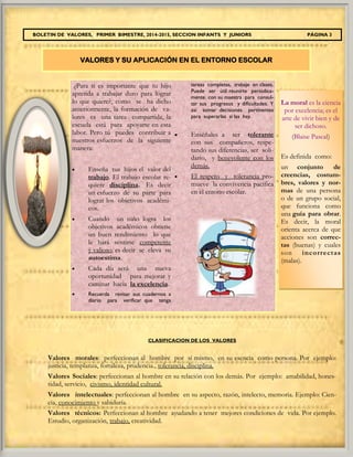 Página 3 
BOLETIN DE VALORES, PRIMER BIMESTRE, 2014-2015, SECCION INFANTS Y JUNIORS PÁGINA 3 
VALORES Y SU APLICACIÓN EN EL ENTORNO ESCOLAR 
¿Para ti es importante que tu hijo aprenda a trabajar duro para lograr lo que quiere?, como se ha dicho anteriormente, la formación de va- lores es una tarea compartida, la escuela está para apoyarte en esta labor. Pero tú puedes contribuir a nuestros esfuerzos de la siguiente manera: 
 Enseña tus hijos el valor del trabajo. El trabajo escolar re- quiere disciplina. Es decir un esfuerzo de su parte para lograr los objetivos académi- cos. 
 Cuando un niño logra los objetivos académicos obtiene un buen rendimiento lo que le hará sentirse competente ý valioso, es decir se eleva su autoestima. 
 Cada día será una nueva oportunidad para mejorar y caminar hacia la excelencia. 
 Recuerda revisar sus cuadernos a diario para verificar que tenga tareas completas, trabaje en clases. Puede ser útil reunirte periódica- mente con su maestra para consul- tar sus progresos y dificultades. Y así tomar decisiones pertinentes para superarlas si las hay. 
 Enséñales a ser tolerante con sus compañeros, respe- tando sus diferencias, ser soli- dario, y benevolente con los demás. 
 El respeto y tolerancia pro- mueve la convivencia pacífica en el entono escolar. 
La moral es la ciencia por excelencia; es el arte de vivir bien y de ser dichoso. 
(Blaise Pascal) 
Es definida como: 
un conjunto de creencias, costum- bres, valores y nor- mas de una persona o de un grupo social, que funciona como una guía para obrar. Es decir, la moral orienta acerca de que acciones son correc- tas (buenas) y cuales son incorrectas (malas). 
CLASIFICACION DE LOS VALORES 
Valores morales: perfeccionan al hombre por sí mismo, en su esencia como persona. Por ejemplo: justicia, templanza, fortaleza, prudencia., tolerancia, disciplina. 
Valores Sociales: perfeccionan al hombre en su relación con los demás. Por ejemplo: amabilidad, hones- tidad, servicio, civismo, identidad cultural. 
Valores intelectuales: perfeccionan al hombre en su aspecto, razón, intelecto, memoria. Ejemplo: Cien- cia, conocimiento y sabiduría. 
Valores técnicos: Perfeccionan al hombre ayudando a tener mejores condiciones de vida. Por ejemplo. Estudio, organización, trabajo, creatividad. 
 