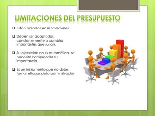  Están basados en estimaciones.
 Deben ser adaptados
constantemente a cambios
importantes que surjan.
 Su ejecución no es automática, se
necesita comprender su
importancia.
 Es un instrumento que no debe
tomar el lugar de la administración
 