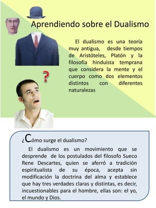 Aprendiendo sobre el Dualismo
El dualismo es una teoría
muy antigua, desde tiempos
de Aristóteles, Platón y la
filosofía hinduista temprana
que considera la mente y el
cuerpo como dos elementos
distintos con diferentes
naturalezas
¿Cómo surge el dualismo?
El dualismo es un movimiento que se
desprende de los postulados del filosofo Sueco
Rene Descartes, quien se aferró a tradición
espiritualista de su época, acepta sin
modificación la doctrina del alma y establece
que hay tres verdades claras y distintas, es decir,
incuestionables para el hombre, ellas son: el yo,
el mundo y Dios.
 