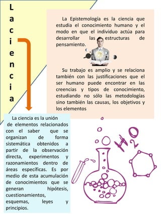 La ciencia es la unión
de elementos relacionados
con el saber que se
organizan de forma
sistemática obtenidos a
partir de la observación
directa, experimentos y
razonamientos dentro de
áreas específicas. Es por
medio de esta acumulación
de conocimientos que se
generan hipótesis,
cuestionamientos,
esquemas, leyes y
principios.
La Epistemología es la ciencia que
estudia el conocimiento humano y el
modo en que el individuo actúa para
desarrollar las estructuras de
pensamiento.
Su trabajo es amplio y se relaciona
también con las justificaciones que el
ser humano puede encontrar en las
creencias y tipos de conocimiento,
estudiando no sólo las metodologías
sino también las causas, los objetivos y
los elementos
L
a
c
i
e
n
c
i
a
 