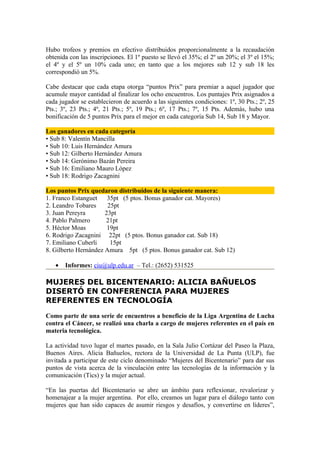 Hubo trofeos y premios en efectivo distribuidos proporcionalmente a la recaudación
obtenida con las inscripciones. El 1º puesto se llevó el 35%; el 2º un 20%; el 3º el 15%;
el 4º y el 5º un 10% cada uno; en tanto que a los mejores sub 12 y sub 18 les
correspondió un 5%.

Cabe destacar que cada etapa otorga “puntos Prix” para premiar a aquel jugador que
acumule mayor cantidad al finalizar los ocho encuentros. Los puntajes Prix asignados a
cada jugador se establecieron de acuerdo a las siguientes condiciones: 1º, 30 Pts.; 2º, 25
Pts.; 3º, 23 Pts.; 4º, 21 Pts.; 5º, 19 Pts.; 6º, 17 Pts.; 7º, 15 Pts. Además, hubo una
bonificación de 5 puntos Prix para el mejor en cada categoría Sub 14, Sub 18 y Mayor.

Los ganadores en cada categoría
• Sub 8: Valentín Mancilla
• Sub 10: Luis Hernández Amura
• Sub 12: Gilberto Hernández Amura
• Sub 14: Gerónimo Bazán Pereira
• Sub 16: Emiliano Mauro López
• Sub 18: Rodrigo Zacagnini

Los puntos Prix quedaron distribuidos de la siguiente manera:
1. Franco Estanguet    35pt (5 ptos. Bonus ganador cat. Mayores)
2. Leandro Tobares     25pt
3. Juan Pereyra       23pt
4. Pablo Palmero      21pt
5. Héctor Moas         19pt
6. Rodrigo Zacagnini 22pt (5 ptos. Bonus ganador cat. Sub 18)
7. Emiliano Cuberli     15pt
8. Gilberto Hernández Amura 5pt (5 ptos. Bonus ganador cat. Sub 12)

   •   Informes: ciu@ulp.edu.ar – Tel.: (2652) 531525

MUJERES DEL BICENTENARIO: ALICIA BAÑUELOS
DISERTÓ EN CONFERENCIA PARA MUJERES
REFERENTES EN TECNOLOGÍA
Como parte de una serie de encuentros a beneficio de la Liga Argentina de Lucha
contra el Cáncer, se realizó una charla a cargo de mujeres referentes en el país en
materia tecnológica.

La actividad tuvo lugar el martes pasado, en la Sala Julio Cortázar del Paseo la Plaza,
Buenos Aires. Alicia Bañuelos, rectora de la Universidad de La Punta (ULP), fue
invitada a participar de este ciclo denominado “Mujeres del Bicentenario” para dar sus
puntos de vista acerca de la vinculación entre las tecnologías de la información y la
comunicación (Tics) y la mujer actual.

“En las puertas del Bicentenario se abre un ámbito para reflexionar, revalorizar y
homenajear a la mujer argentina. Por ello, creamos un lugar para el diálogo tanto con
mujeres que han sido capaces de asumir riesgos y desafíos, y convertirse en líderes”,
 