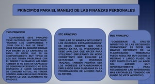 .
7MO PRINCIPIO
CLARAMENTE ESTE PRINCIPIO
TIENE FACTORES MUY IMPORTANTE:
“HONRAR LOS COMPROMISOS Y
„VIVIR CON LO QUE SE TIENE‟ ”
HACE ÉNFASIS EN ADQUIRIR DEUDAS
POR ENCIMA DE LA CAPACIDAD DE
PAGO, ES DECIR, QUE ES UN
COMPORTAMIENTO MUY TÍPICO DE
LOS QUE TIENEN PROBLEMAS CON
EL DINERO Y SU MANEJO. ASÍ COMO
TAMBIÉN SI NO ESTA EN CAPACIDAD
DE GENERAR EXCEDENTE O NO ESTA
DISPUESTO A HACER SACRIFICIOS
DE CONSUMO ACTUAL, NO TENDRÁ
SENTIDO ANALIZAR UN QUE DEBERÍA
INVERTIR LO QUE CLARAMENTE NO
PRODUCE.
8TO PRINCIPIO
“EMPLEAR DE MANERA INTELIGENTE
LOS INGRESOS EXTRAORDINARIOS”
ES DECIR, SIEMPRE QUE HAYA
DINERO EXTRA, EL INVERSIONISTA
DEBE ANALIZAR QUE HACER PARA
UTILIZARLO EMPLEANDO UN MODO
CONSISTENTE QUE ENGLOBE LA
ESTRATEGIA DE INVERSIÓN
TRAZADA. TAMBIÉN PODRÍAN SER
LOS INGRESOS EXTRAORDINARIOS
EMPLEADOS PARA SUBSANAR EN LA
PROGRAMACIÓN DE AHORRO PARA
EL RETIRO.
9NO PRINCIPIO
“CONSIDERAR EL EFECTO
IMPOSITIVO DE LAS DECISIONES
FINANCIERAS” ES DECIR, UN
MANEJO DEFICIENTE DE LA
PLANIFICACIÓN TRIBUTARIA
PUEDE RESULTAR MUY COSTOS A
MEDIANO Y LARGO PLAZO, EN
ESTE PUNTO ES CLAVE LA LABOR
DEL ASESOR MUY
IMPORTANTEMENTE , PARA
RECOMENDAR LAS INVERSIONES
MAS FAVORABLES TENIENDO UN
PUNTO DE VISTA IMPOSITIVO.
PRINCIPIOS PARA EL MANEJO DE LAS FINANZAS PERSONALES
 