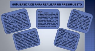GUÍA BÁSICA DE PARA REALIZAR UN PRESUPUESTO
GASTO:
UN GASTO ES UN
DESEMBOLSO QUE SE REALIZA
DE FORMA VOLUNTARIA Y QUE
NORMALMENTE SE USA PARA
ALGÚN PAGO POR UNA
CONTRAPRESTACIÓN O UN
TRIBUTO NO RECUPERABLE U
OTROS. LOS GASTOS NO SE
RECUPERAN EN EL TIEMPO A
DIFERENCIA DE LOS COSTOS.
 