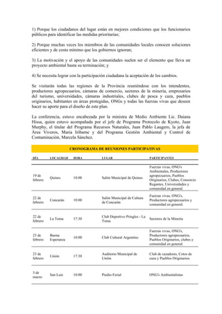 1) Porque los ciudadanos del lugar están en mejores condiciones que los funcionarios
públicos para identificar las medidas prioritarias;

2) Porque muchas veces los miembros de las comunidades locales conocen soluciones
eficientes y de costo mínimo que los gobiernos ignoran;

3) La motivación y el apoyo de las comunidades suelen ser el elemento que lleva un
proyecto ambiental hasta su terminación; y

4) Se necesita lograr con la participación ciudadana la aceptación de los cambios.

Se visitarán todas las regiones de la Provincia reuniéndose con los intendentes,
productores agropecuarios, cámaras de comercio, sectores de la minería, empresarios
del turismo, universidades, cámaras industriales, clubes de pesca y caza, pueblos
originarios, habitantes en áreas protegidas, ONGs y todas las fuerzas vivas que deseen
hacer su aporte para el diseño de este plan.

La conferencia, estuvo encabezada por la ministra de Medio Ambiente Lic. Daiana
Hissa, quien estuvo acompañada por el jefe de Programa Protocolo de Kyoto, Juan
Murphy, el titular del Programa Recursos Naturales, Juan Pablo Laugero, la jefa de
Área Viveros, Maria Iribarne y del Programa Gestión Ambiental y Control de
Contaminación, Marcela Sánchez.

                      CRONOGRAMA DE REUNIONES PARTICIPATIVAS

DÍA       LOCALIDAD    HORA            LUGAR                          PARTICIPANTES


                                                                      Fuerzas vivas, ONG's
                                                                      Ambientales, Productores
19 de                                                                 agropecuarios, Pueblos
          Quines       10:00           Salón Municipal de Quines
febrero                                                               Originarios, Clubes, Consorcio
                                                                      Regantes, Universidades y
                                                                      comunidad en general.
                                                                      Fuerzas vivas, ONG's,
22 de                                  Salón Municipal de Cultura
          Concarán     10:00                                          Productores agropecuarios y
febrero                                de Concarán
                                                                      comunidad en general.


22 de                                  Club Deportivo Pringles - La
          La Toma      17:30                                          Sectores de la Minería
febrero                                Toma

                                                                      Fuerzas vivas, ONG's,
23 de     Buena                                                       Productores agropecuarios,
                       10:00           Club Cultural Argentino
febrero   Esperanza                                                   Pueblos Originarios, clubes y
                                                                      comunidad en general.

23 de                                  Auditorio Municipal de         Club de cazadores, Cotos de
          Unión        17:30
febrero                                Unión                          caza y Pueblos Originarios


5 de
          San Luis     10:00           Predio Ferial                  ONG's Ambientalistas
marzo
 