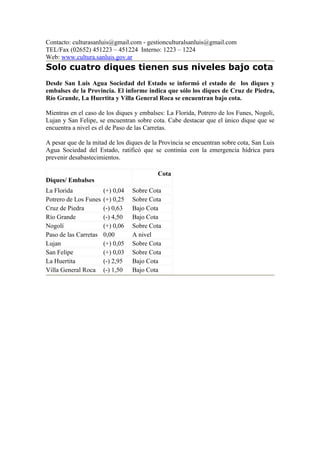 Contacto: culturasanluis@gmail.com - gestionculturalsanluis@gmail.com
TEL/Fax (02652) 451223 – 451224 Interno: 1223 – 1224
Web: www.cultura.sanluis.gov.ar
Solo cuatro diques tienen sus niveles bajo cota
Desde San Luis Agua Sociedad del Estado se informó el estado de los diques y
embalses de la Provincia. El informe indica que sólo los diques de Cruz de Piedra,
Río Grande, La Huertita y Villa General Roca se encuentran bajo cota.

Mientras en el caso de los diques y embalses: La Florida, Potrero de los Funes, Nogoli,
Lujan y San Felipe, se encuentran sobre cota. Cabe destacar que el único dique que se
encuentra a nivel es el de Paso de las Carretas.

A pesar que de la mitad de los diques de la Provincia se encuentran sobre cota, San Luis
Agua Sociedad del Estado, ratificó que se continúa con la emergencia hídrica para
prevenir desabastecimientos.

                                           Cota
Diques/ Embalses
La Florida             (+) 0,04   Sobre Cota
Potrero de Los Funes   (+) 0,25   Sobre Cota
Cruz de Piedra         (-) 0,63   Bajo Cota
Río Grande             (-) 4,50   Bajo Cota
Nogolí                 (+) 0,06   Sobre Cota
Paso de las Carretas   0,00       A nivel
Lujan                  (+) 0,05   Sobre Cota
San Felipe             (+) 0,03   Sobre Cota
La Huertita            (-) 2,95   Bajo Cota
Villa General Roca     (-) 1,50   Bajo Cota
 