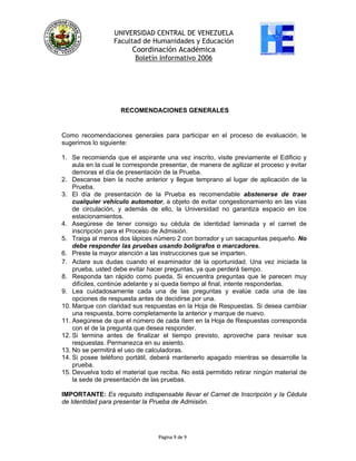 UNIVERSIDAD CENTRAL DE VENEZUELA
Facultad de Humanidades y Educación
Coordinación Académica
Boletín Informativo 2006
RECOM...