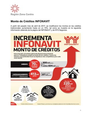 Región Zona Centro
6
Monto de Créditos INFONAVIT
A partir del pasado mes de abril de 2017, se modificaron los montos en los créditos
tradicionales aumentando hasta en un 70%, tal como se muestra en la siguiente
información obtenida de la página del INFONAVIT y de NTX Negocios.
 