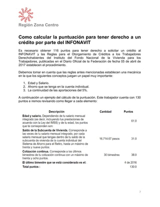 Región Zona Centro
7
Como calcular la puntuación para tener derecho a un
crédito por parte del INFONAVIT
Es necesario obtener 116 puntos para tener derecho a solicitar un crédito al
INFONAVIT y las Reglas para el Otorgamiento de Créditos a los Trabajadores
Derechohabientes del Instituto del Fondo Nacional de la Vivienda para los
Trabajadores, publicadas en el Diario Oficial de la Federación de fecha 05 de abril de
2017 establecen el procedimiento.
Debemos tomar en cuenta que las reglas antes mencionadas establecen una mecánica
en la que los siguientes conceptos juegan un papel muy importante:
1. Edad y Salario.
2. Ahorro que se tenga en la cuenta individual.
3. La continuidad de las aportaciones del 5%.
A continuación un ejemplo del cálculo de la puntuación. Este trabajador cuenta con 130
puntos e iremos revisando como llegar a cada elemento:
 