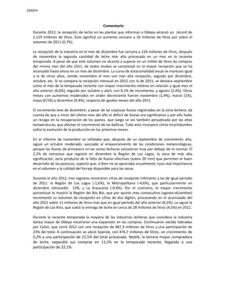 ODEPA
Comentario
Durante 2012, la recepción de leche en las plantas que informan a Odepa alcanzó un récord de
2.119 millones de litros. Esto significó un aumento cercano a 16 millones de litros por sobre el
volumen de 2011 (0,7%).
La recepción de la industria en el mes de diciembre fue cercana a 224 millones de litros, después
de noviembre la segunda cantidad de leche más alta procesada en un mes en la reciente
temporada. A pesar de que este volumen no alcanzó a superar en un millón de litros las compras
del mismo mes del año 2011, de todos modos se constituyó en la mayor recepción que se ha
alcanzado hasta ahora en un mes de diciembre. La curva de estacionalidad anual se mantuvo igual
a la de otros años, siendo noviembre el mes con más alta recepción, seguido por diciembre,
octubre, etc. Si se compara la recepción mensual en 2012 con la de 2011, se destaca septiembre
como el mes de la temporada reciente con mayor crecimiento relativo en relación a igual mes el
año anterior (6,6%), seguido por octubre y abril, con 4,1% de incremento, y agosto (2,4%). Otros
meses con aumentos moderados en orden decreciente fueron noviembre (1,4%), marzo (1%),
mayo (0,5%) y diciembre (0,4%), respecto de iguales meses del año 2011.
El incremento leve de diciembre, a pesar de las copiosas lluvias registradas en la zona lechera, da
cuenta de que a inicio del último mes del año el déficit de lluvias era significativo y por ello hubo
un rezago en la recuperación de los pastos, que luego se vio también perjudicada por las altas
temperaturas, que afectan el crecimiento de las ballicas. Todo esto incorpora cierta incertidumbre
sobre la evolución de la producción en los próximos meses.
En el informe de noviembre se señalaba que, después de un septiembre de crecimiento alto,
siguió un octubre moderado, asociado al empeoramiento de las condiciones meteorológicas,
porque las lluvias de primavera en las zonas lecheras estuvieron muy por debajo de lo normal. El
2,2% de retroceso que registró en diciembre la Región de Los Lagos, la zona de más alta
significación, sería producto de la falta de lluvias efectivas (sobre 20 mm) que permiten el buen
desarrollo de las pasturas, aspecto que, si bien no se apreciaba visualmente, tuvo real importancia
en el volumen y la calidad del forraje disponible para las vacas.
Durante el año 2012, tres regiones mostraron cifras de recepción inferiores a las de igual período
de 2011: la Región de Los Lagos (-1,6%), la Metropolitana (-4,6%), que particularmente en
diciembre retrocedió 13%, y La Araucanía (-0,4%). Por el contrario, el mayor crecimiento
porcentual lo mostró la Región del Bío Bío, que por quinto mes consecutivo (agosto-diciembre)
incrementó su volumen de recepción en cifras de dos dígitos, procesando en el acumulado del
año 2012 sobre 11 millones de litros más que en igual período del año anterior (6,5%). La siguió la
Región de Los Ríos, que subió la entrega de leche en cerca de 28 millones de litros (4,5%) en 2012.
Durante la reciente temporada la mayoría de las industrias lecheras que considera la industria
láctea mayor de Odepa mostraron una expansión en las compras. Continuaron siendo lideradas
por Colún, que cerró 2012 con una recepción de 487,3 millones de litros y una participación de
23% del total. A continuación se ubicó Soprole, con 476,7 millones de litros, un crecimiento de
5,2% y una participación de 22,5% del total procesado. Nestlé, la tercera mayor compradora
de leche, expandió sus compras en 11,5% en la temporada reciente, llegando a una
participación de 22,1%.
 