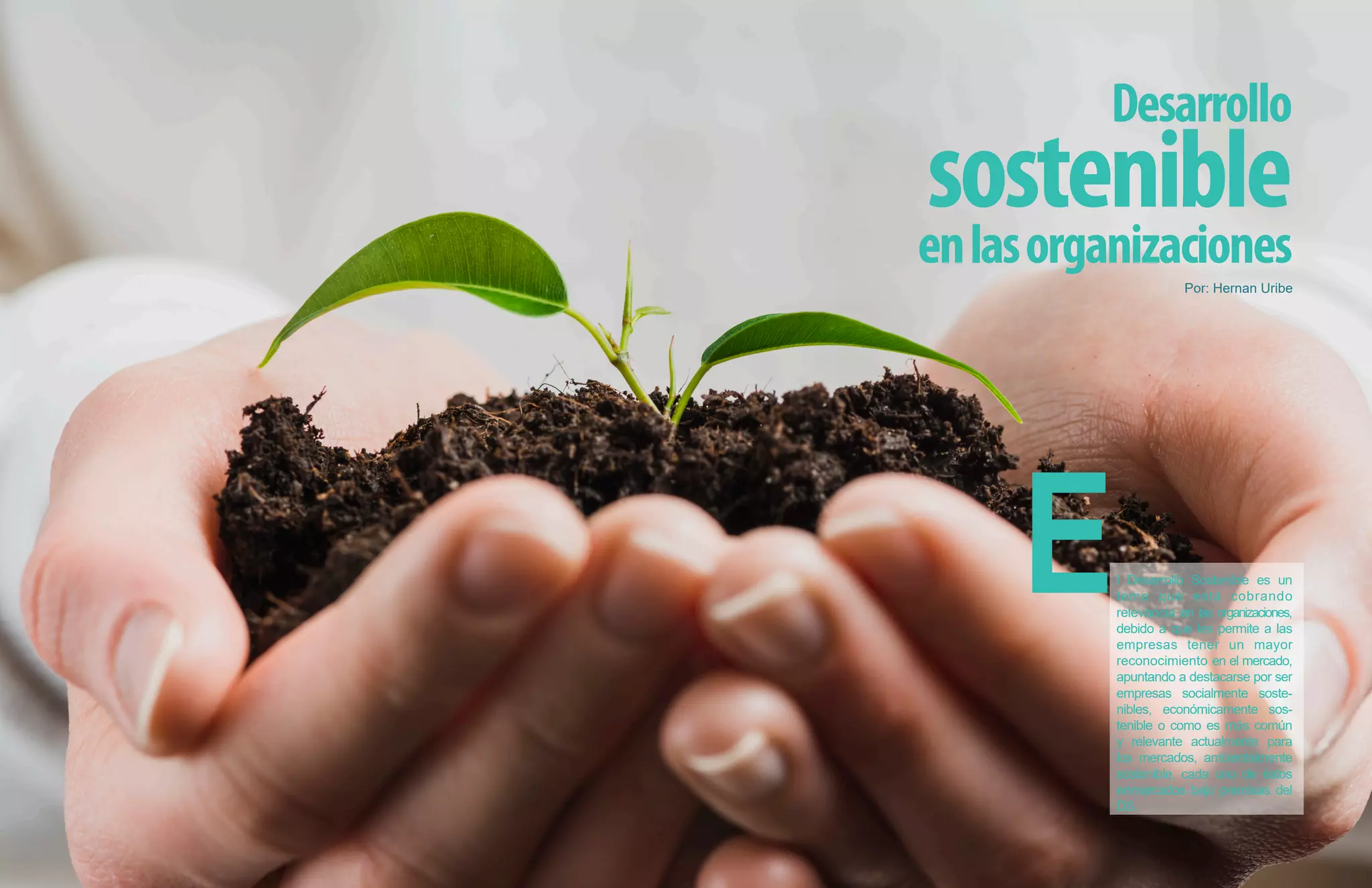 Desarrollo
sostenible
enlasorganizaciones
Por: Hernan Uribe
El Desarrollo Sostenible es un
tema que está cobrando
relevancia en las organizaciones,
debido a que les permite a las
empresas tener un mayor
reconocimiento en el mercado,
apuntando a destacarse por ser
empresas socialmente soste-
nibles, económicamente sos-
tenible o como es más común
y relevante actualmente para
los mercados, ambientalmente
sostenible, cada uno de éstos
enmarcados bajo premisas del
DS.
 