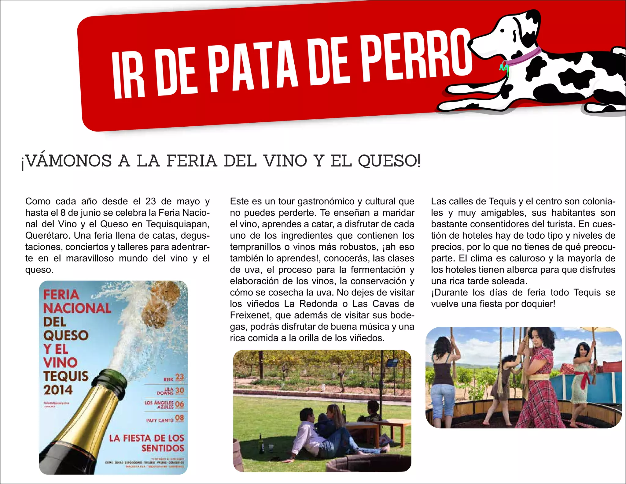 IrdepatadePerro
¡VÁMONOS A LA FERIA DEL VINO Y EL QUESO!
Como cada año desde el 23 de mayo y
hasta el 8 de junio se celebra la Feria Nacio-
nal del Vino y el Queso en Tequisquiapan,
Querétaro. Una feria llena de catas, degus-
taciones, conciertos y talleres para adentrar-
te en el maravilloso mundo del vino y el
queso.
Este es un tour gastronómico y cultural que
no puedes perderte. Te enseñan a maridar
el vino, aprendes a catar, a disfrutar de cada
uno de los ingredientes que contienen los
tempranillos o vinos más robustos, ¡ah eso
también lo aprendes!, conocerás, las clases
de uva, el proceso para la fermentación y
elaboración de los vinos, la conservación y
cómo se cosecha la uva. No dejes de visitar
los viñedos La Redonda o Las Cavas de
Freixenet, que además de visitar sus bode-
gas, podrás disfrutar de buena música y una
rica comida a la orilla de los viñedos.
Las calles de Tequis y el centro son colonia-
les y muy amigables, sus habitantes son
bastante consentidores del turista. En cues-
tión de hoteles hay de todo tipo y niveles de
precios, por lo que no tienes de qué preocu-
parte. El clima es caluroso y la mayoría de
los hoteles tienen alberca para que disfrutes
una rica tarde soleada.
¡Durante los días de feria todo Tequis se
vuelve una fiesta por doquier!
 