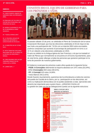 PAG 1  Nº99º EDICIÓN.
01- CONSTITUIDO EL EQUIPO DE
GOBIERNO PARA LOS PRÓXIMOS 4
AÑOS.
02-FINALIZAN LOS TALLERES DEL
CENTRO MULTIFUNCIONAL SAN
FRANCISCO DE SALES.
03- QUEDA CLAUSURADA EL AULA
DE LA EXPERIENCIA CURSO
2018/2019.
04- "CAZALLA ORGULLOSA".
05- 21 POLICÍAS LOCALES DE
ANDALUCÍA OBTIENEN LA
CAPACITACIÓN DE OFICIALES.
06- IV MARATÓN 24H DE FUTBOL
SALA.
07- RETO TRASHTAG CHALLENGE
REALIZADO POR LOS ALUMNOS DE
LA ESCUELA DE EMOCIONES Y
MÚSICA.
08- CINCO RAZONES POR LAS QUE
CONSUMIR PRODUCTOS EN
CAZALLA DE LA SIERRA.
09- ¿SABIAS QUE...?
INDICE:
El pasado sábado 15 de junio, se celebraba el Pleno de Constitución de la nueva
Corporación Municipal, que tras las elecciones celebradas el 26 de mayo en las
que hubo una participación del 74,5% con un total de 2853 votos escrutados,
pudimos comprobar que aumento el porcentaje de participación en torno a un
15 % en relación a las elecciones celebradas en 2015.
El acto se celebró en la Antigua Iglesia de San Francisco, a la que se trasladó el
Salón de Plenos que normalmente se encuentra en el Excmo Ayuntamiento, para
de esta forma, poder albergar a todas las personas que quisieron participar en la
toma de posesión de nuestros gobernantes.
El Gobierno Local para los próximos cuatro años queda de la siguiente forma:
- PSOE: 6 Concejales obteniendo la mayoría absoluta con 1471 votos (53,24%).
- C´S: 4 Concejales 843 votos (30,51%).
- PP: 1 Concejal 410 votos 14,84%.
- Votos blancos 39 (1,41%).
Desde Nuestro Ayuntamiento, queremos dar la enhorabuena a todos los vecinos
del pueblo de Cazalla de la Sierra, por su participación en las elecciones, así
como su implicación democrática con el pueblo asistiendo a votar, ejerciendo este
derecho tan importante para nuestro futuro. ¡¡GRACIAS CAZALLA!!
La gestión de cada una de las Delegaciones queda con la siguiente estructura:
CONSTITUIDO EL EQUIPO DE GOBIERNO PARA
LOS PRÓXIMOS 4 AÑOS.
 