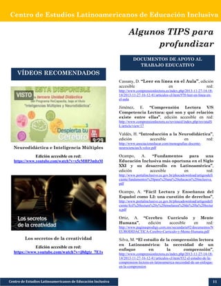 Centro de Estudios Latinoamericanos de Educación Inclusiva
Centro de Estudios Latinoamericanos de Educación Inclusiva 11
Neurodidáctica e Inteligencia Múltiples
Edición accesible en red:
https://www.youtube.com/watch?v=x5cMHP3mbzM
Los secretos de la creatividad
Edición accesible en red:
https://www.youtube.com/watch?v=j0dgtz_7E1s
Algunos TIPS para
profundizar
Cassany, D. “Leer en línea en el Aula”, edición
accesible en red:
http://www.comprensionlectora.es/index.php/2013-11-27-14-18-
14/2013-11-27-16-12-41/articulos-cl/item/970-leer-en-linea-en-
el-aula
Jiménez, E. “Comprensión Lectora V/S
Competencia Lectora: qué son y qué relación
existe entre ellas”, edición accesible en red:
http://www.comprensionlectora.es/revistaisl/index.php/revistaIS
L/article/view/17
Valdés, H. “Introducción a la Neurodidáctica”,
edición accesible en red:
http://www.asociacioneducar.com/monografias-docente-
neurociencias/h.veloz.pdf
Ocampo, A. “Fundamentos para una
Educación Inclusiva más oportuna en el Siglo
XXI y su desarrollo en Latinoamérica”,
edición accesible en red:
http://www.portalinclusivo.ce.gov.br/phocadownload/artigosdefi
ciente/fundamentos%20para%20una%20educacin%20inclusiva.
pdf
Ocampo, A. “Fácil Lectura y Enseñanza del
Español como L2: una cuestión de derechos”,
http://www.portalinclusivo.ce.gov.br/phocadownload/artigosdefi
ciente/fcil%20lectura%20y%20enselanza%20de%20la%20lectur
a.pdf
Ortiz, A. “Cerebro Currículo y Mente
Humana”, edición accesible en red:
http://www.paginasprodigy.com.mx/secundaria92/documentos/N
EURODIDACTICA-Cerebro-Curriculo-y-Mente-Humana.pdf
Silva, M. “El estudio de la comprensión lectora
en Latinoamérica: la necesidad de un
enfoque en la comprensión”,
http://www.comprensionlectora.es/index.php/2013-11-27-14-18-
14/2013-11-27-16-12-41/articulos-cl/item/932-el-estudio-de-la-
comprension-lectora-en-latinoamerica-necesidad-de-un-enfoque-
en-la-comprension
VÍDEOS RECOMENDADOS
DOCUMENTOS DE APOYO AL
TRABAJO EDUCATIVO
 