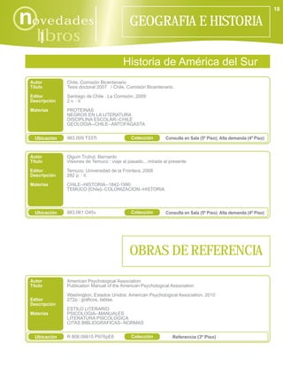 18

novedades                                    GEOGRAFIA E HISTORIA
    libros
      i

                                          Historia de América del Sur
 Autor         Chile, Comisión Bicentenario
 Título        Tesis doctoral 2007 / Chile, Comisión Bicentenario.
 Editor        Santiago de Chile : La Comisión, 2009
 Descripción   2 v. : il.
 Materias      PROTEINAS
               NEGROS EN LA LITERATURA
               DISCIPLINA ESCOLAR--CHILE
               GEOLOGIA--CHILE--ANTOFAGASTA


   Ubicación   983.009 T337t                  Colección        Consulta en Sala (5º Piso); Alta demanda (4º Piso)



 Autor         Olguín Trutrut, Bernardo
 Título        Visiones de Temuco : viaje al pasado....mirada al presente
 Editor        Temuco: Universidad de la Frontera, 2008
 Descripción   282 p. : il.
 Materias      CHILE--HISTORIA--1842-1990
               TEMUCO [Chile]--COLONIZACION--HISTORIA




   Ubicación   983.061 O45v                   Colección        Consulta en Sala (5º Piso); Alta demanda (4º Piso)




                                             OBRAS DE REFERENCIA
 Autor         American Psychological Association
 Título        Publication Manual of the American Psychological Association

               Washington, Estados Unidos: American Psychological Association, 2010
 Editor        272p.: gráficos, tablas.
 Descripción
               ESTILO LITERARIO
 Materias      PSICOLOGIA--MANUALES
               LITERATURA PSICOLOGICA
               CITAS BIBLIOGRAFICAS--NORMAS


   Ubicación   R 808.06615 P976pE6            Colección           Referencia (3º Piso)
 