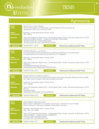 20

novedades                                                              TESIS
    libros
      i
                                                                                  Agronomía
 Autor         Muñoz Daza, Carlos Alberto
 Título        Uso de tecnologías de información y comunicación (TIC's) por parte de
               agricultores de la zona central de Chile
 Editor        Santiago: Universidad Santo Tomás, 2010
 Descripción   78h.: tablas
 Materias      Tesis UST [Ingeniero Agrónomo].-- Universidad Santo Tomás. Escuela de Agronomía, 2010.
               AGRICULTORES--CHILE / AGRICULTURA DE PRECISION
               TECNOLOGIA DE LA INFORMACION
               TECNOLOGIA DE LAS COMUNICACIONES

   Ubicación   TeAGR M971u 2010                Colección          Patrimonio Institucional (5º Piso)


 Autor         Poblete Bobadilla, Luis Antonio
 Título        Uso de envases activos de atmósfera modificada (EAM) para la conservación
               en postcosecha de ciruela (Prunus salicina L) cv. Angeleno

 Editor        Santiago: Universidad Santo Tomás, 2010
 Descripción   63h.: tablas

 Materias      Tesis UST [Ingeniero Agrónomo].-- Universidad Santo Tomás. Escuela de Agronomía, 2010.
               CIRUELO
               CONSERVACION DE FRUTAS
               ENVASADO EN ATMOSFERA MODIFICADA

   Ubicación   TeAGR P739u 2010                Colección          Patrimonio Institucional (5º Piso)


 Autor         Rosales Arevalo, Guillermo Antonio
 Título        Análisis técnico de la actividad de polinización entomófila del palto (Persea americana Mili)
               Var. Hass como un factor crítico de la producción frutal

 Editor        Santiago: Universidad Santo Tomás, 2010
 Descripción   107h.: tablas

 Materias      Tesis UST [Ingeniero Agrónomo].-- Universidad Santo Tomás. Escuela de Agronomía, 2010.
               PALTO
               POLINIZACION
               ARBOLES FRUTALES--FERTILIZANTES

   Ubicación   TeAGR R788a 2010                Colección          Patrimonio Institucional (5º Piso)



 Autor         Vidal Salgado, Marcelo Andrés
 Título        Efecto de la carga frutal en la calidad, producción y nutrición en uva de mesa
               (Vitis vinífera) cv. Thompson seedless sobre patrón harmony
 Editor        Santiago: Universidad Santo Tomás, 2010
 Descripción   49h.: fots. col., tablas
 Materias      Tesis UST [Ingeniero Agrónomo].-- Universidad Santo Tomás. Escuela de Agronomía, 2010.
               UVA DE MESA / UVAS--CHILE--COMERCIO
               VITICULTURA--PRODUCCION
               CALIDAD DE LOS PRODUCTOS

   Ubicación   TeAGR V649e 2010                Colección          Patrimonio Institucional (5º Piso)
 