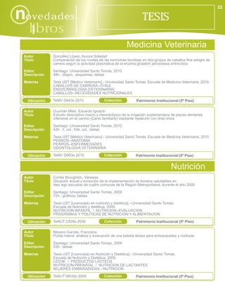 22

novedades                                                            TESIS
    libros
      i
                                                            Medicina Veterinaria
 Autor         González López, Aurora Soledad
 Título        Comparación de los niveles de las hormonas tiroídeas en dos grupos de caballos fina sangre de
               carrera según la actividad plasmática de la enzima glutatión peroxidasa eritrocítica

 Editor        Santiago: Universidad Santo Tomás, 2010
 Descripción   48h.: diagrs., esquemas, tablas

 Materias      Tesis UST [Médico Veterinario].- Universidad Santo Tomás. Escuela de Medicina Veterinaria, 2010.
               CABALLOS DE CARRERA--CHILE
               ENDOCRINOLOGIA [VETERINARIA]
               CABALLOS--NECESIDADES NUTRICIONALES

   Ubicación   TeMV G643c 2010                Colección           Patrimonio Institucional (5º Piso)

 Autor         Guzmán Melo, Eduardo Ignacio
 Título        Estudio descriptivo macro y mesoscópico de la irrigación suplementaria de piezas dentarias
               inferiores en el canino (Canis familiaris) mediante repleción con tinta china

 Editor        Santiago: Universidad Santo Tomás, 2010
 Descripción   43h.: il. col., fots. col., tablas

 Materias      Tesis UST [Médico Veterinario].- Universidad Santo Tomás. Escuela de Medicina Veterinaria, 2010.
               PERROS--ANATOMIA
               PERROS--ENFERMEDADES
               ODONTOLOGIA VETERINARIA

   Ubicación   TeMV G993e 2010                Colección          Patrimonio Institucional (5º Piso)


                                                                                       Nutrición
 Autor         Cortés Broughton, Vanessa
 Título        Situación actual y evolución de la implementación de kioskos saludables en
               diez ego escuelas de cuatro comunas de la Región Metropolitana, durante el año 2009
 Editor        Santiago: Universidad Santo Tomás, 2009
 Descripción   72h.: gráficos, tablas
 Materias      Tesis UST [Licenciado en nutrición y dietética].- Universidad Santo Tomás.
               Escuela de Nutrición y dietética, 2009.
               NUTRICION INFANTIL / NUTRICION--EVALUACION
               PROGRAMAS Y POLITICAS DE NUTRICION Y ALIMENTACION

   Ubicación   TeNUT C828s 2009               Colección           Patrimonio Institucional (5º Piso)

 Autor         Moreno Garcés, Francisca
 Título        Purita mamá: análisis y evaluación de una bebida láctea para embarazadas y nodrizas
 Editor        Santiago: Universidad Santo Tomás, 2009
 Descripción   53h.: tablas
 Materias      Tesis UST [Licenciado en Nutrición y Dietética].- Universidad Santo Tomás.
               Escuela de Nutrición y Dietética, 2009.
               LECHE / PRODUCTOS LACTEOS
               NUTRICION PRENATAL / NUTRICION DE LACTANTES
               MUJERES EMBARAZADAS --NUTRICION

   Ubicación   TeNUT M835p 2009               Colección          Patrimonio Institucional (5º Piso)
 