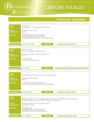 5

novedades                                          CIENCIAS SOCIALES
    libros
      i
                                                                       Ciencias Sociales
 Autor         Flick, Uwe
 Título        Introducción a la investigación cualitativa
 Editor        Madrid: Morata, 2007
 Descripción   322 p.
 Materias      METODOS DE INVESTIGACION
               INVESTIGACION CUALITATIVA
               INVESTIGACION SOCIAL--METODOLOGIA



   Ubicación   300.723 F621qE2                  Colección              Consulta en Sala (5º Piso)


 Autor         Flecha, Ramón
 Título        Teoría sociológica contemporánea

 Editor        Barcelona: Paidós, 2001, reimpr. 2010
 Descripción   161p.

 Materias      SOCIOLOGIA
               TEORIA SOCIOLOGICA




   Ubicación   301 F593t                        Colección        Consulta en Sala (5º Piso); Alta demanda (4º Piso)


 Autor
 Título        La dialéctica de la integración y la exclusión social

 Editor        Santiago: INJUV, 2005
 Descripción   366 p.

 Materias      JOVENES EN RIESGO SOCIAL
               JOVENES DESADAPTADOS SOCIALMENTE




   Ubicación   305.23 D536d                     Colección              Consulta en Sala (5º Piso)


 Autor
 Título        Sistematización de una pedagogía para el ejercicio de ciudadania de las mujeres:
               Análisis de procesos formativos y acciones ciudadanas

 Editor        Santiago: Grupo iniciativa mujeres, 2003
 Descripción   115p.: fots., tablas

 Materias      CIUDADANIA
               MUJERES EN LA EDUCACION
               MUJERES--ASPECTOS SOCIALES


   Ubicación   305.4 S623s                      Colección              Consulta en Sala (5º Piso)
 