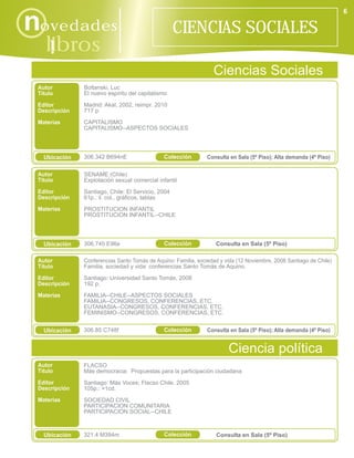 6

novedades                                           CIENCIAS SOCIALES
    libros
      i
                                                                  Ciencias Sociales
 Autor         Boltanski, Luc
 Título        El nuevo espíritu del capitalismo

 Editor        Madrid: Akal, 2002, reimpr. 2010
 Descripción   717 p.

 Materias      CAPITALISMO
               CAPITALISMO--ASPECTOS SOCIALES




   Ubicación   306.342 B694nE                  Colección        Consulta en Sala (5º Piso); Alta demanda (4º Piso)

 Autor         SENAME (Chile)
 Título        Explotación sexual comercial infantil
 Editor        Santiago, Chile: El Servicio, 2004
 Descripción   61p.: il. col., gráficos, tablas
 Materias      PROSTITUCION INFANTIL
               PROSTITUCION INFANTIL--CHILE




   Ubicación   306.745 E96e                    Colección           Consulta en Sala (5º Piso)

 Autor         Conferencias Santo Tomás de Aquino: Familia, sociedad y vida (12 Noviembre, 2008 Santiago de Chile)
 Título        Familia, sociedad y vida: conferencias Santo Tomás de Aquino.

 Editor        Santiago: Universidad Santo Tomás, 2008
 Descripción   192 p.

 Materias      FAMILIA--CHILE--ASPECTOS SOCIALES
               FAMILIA--CONGRESOS, CONFERENCIAS, ETC.
               EUTANASIA--CONGRESOS, CONFERENCIAS, ETC.
               FEMINISMO--CONGRESOS, CONFERENCIAS, ETC.


   Ubicación   306.85 C748f                    Colección        Consulta en Sala (5º Piso); Alta demanda (4º Piso)


                                                                        Ciencia política
 Autor         FLACSO
 Título        Más democracia: Propuestas para la participación ciudadana
 Editor        Santiago: Más Voces; Flacso Chile, 2005
 Descripción   105p.: +1cd.
 Materias      SOCIEDAD CIVIL
               PARTICIPACION COMUNITARIA
               PARTICIPACION SOCIAL--CHILE



   Ubicación   321.4 M394m                     Colección           Consulta en Sala (5º Piso)
 
