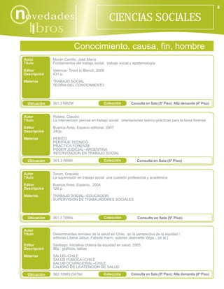 8

novedades                                         CIENCIAS SOCIALES
    libros
      i
                             Conocimiento. causa, fin, hombre
 Autor         Morán Carrillo, José María
 Título        Fundamentos del trabajo social: trabajo social y epistemología
 Editor        Valencia: Tirant lo Blanch, 2006
 Descripción   431 p.
 Materias      TRABAJO SOCIAL
               TEORIA DEL CONOCIMIENTO




   Ubicación   361.3 M829f                     Colección        Consulta en Sala (5º Piso); Alta demanda (4º Piso)


 Autor         Robles, Claudio
 Título        La intervención pericial en trabajo social: orientaciones teórico-prácticas para la tarea forense
 Editor        Buenos Aires: Espacio editorial, 2007
 Descripción   240p.
 Materias      PERITO
               PERITAJE TECNICO
               PRACTICA FORENSE
               PODER JUDICIAL--ARGENTINA
               INTERVENCION EN TRABAJO SOCIAL

   Ubicación   361.3 R666i                     Colección            Consulta en Sala (5º Piso)


 Autor         Tonon, Graciela
 Título        La supervisión en trabajo social: una cuestión profesional y académica
 Editor        Buenos Aires: Espacio, 2004
 Descripción   126 p.
 Materias      TRABAJO SOCIAL--EDUCACION
               SUPERVISION DE TRABAJADORES SOCIALES




   Ubicación   361.3 T666s                     Colección            Consulta en Sala (5º Piso)


 Autor
 Título        Determinantes sociales de la salud en Chile: en la perspectiva de la equidad /
               editoras Liliana Jadue, Fabiola marín; autores Jeannette Vega... [et al.].

 Editor        Santiago: Iniciativa chilena de equidad en salud, 2005
 Descripción   86p.: gráficos, tablas

 Materias      SALUD--CHILE
               SALUD PUBLICA--CHILE
               SALUD OCUPACIONAL--CHILE
               CALIDAD DE LA ATENCION DE SALUD

   Ubicación   362.10983 D479d                 Colección        Consulta en Sala (5º Piso); Alta demanda (4º Piso)
 