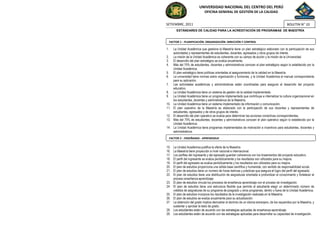 UNIVERSIDAD NACIONAL DEL CENTRO DEL PERÚ
                                OFICINA GENERAL DE GESTIÓN DE LA CALIDAD


SETIEMBRE, 2011                                                                                   BOLETIN N° 10
          ESTÁNDARES DE CALIDAD PARA LA ACREDITACIÓN DE PROGRAMAS DE MAESTRÍA


     FACTOR 1 : PLANIFICACIÓN, ORGANIZACIÓN, DIRECCIÓN Y CONTROL

1.     La Unidad Académica que gestiona la Maestría tiene un plan estratégico elaborado con la participación de sus
       autoridades y representantes de estudiantes, docentes, egresados y otros grupos de interés.
2.     La misión de la Unidad Académica es coherente con su campo de acción y la misión de la Universidad.
3.     El desarrollo del plan estratégico se evalúa anualmente.
4.     Más del 75% de estudiantes, docentes y administrativos conocen el plan estratégico según lo establecido por la
       Unidad Académica.
5.     El plan estratégico tiene políticas orientadas al aseguramiento de la calidad en la Maestría.
6.     La universidad tiene normas sobre organización y funciones, y la Unidad Académica el manual correspondiente
       para su aplicación.
7.     Las actividades académicas y administrativas están coordinadas para asegurar el desarrollo del proyecto
       educativo.
8.     La Unidad Académica tiene un sistema de gestión de la calidad implementado.
9.     La Unidad Académica tiene un programa implementado que contribuye a internalizar la cultura organizacional en
       los estudiantes, docentes y administrativos de la Maestría.
10.    La Unidad Académica tiene un sistema implementado de información y comunicación.
11.    El plan operativo de la Maestría es elaborado con la participación de sus docentes y representantes de
       estudiantes, egresados y de otros grupos de interés.
12.    El desarrollo del plan operativo se evalúa para determinar las acciones correctivas correspondientes.
13.    Más del 75% de estudiantes, docentes y administrativos conocen el plan operativo según lo establecido por la
       Unidad Académica.
14.    La Unidad Académica tiene programas implementados de motivación e incentivos para estudiantes, docentes y
       administrativos.
     FACTOR 2 : ENSEÑANZA - APRENDIZAJE


15.    La Unidad Académica justifica la oferta de la Maestría.
16.    La Maestría tiene proyección a nivel nacional e internacional.
17.    Los perfiles del ingresante y del egresado guardan coherencia con los lineamientos del proyecto educativo.
18.    El perfil del ingresante se evalúa periódicamente y los resultados son utilizados para su mejora.
19.    El perfil del egresado se evalúa periódicamente y los resultados son utilizados para su mejora.
20.    El plan de estudios proporciona una sólida base científica y humanista, con sentido de responsabilidad social.
21.    El plan de estudios tiene un número de horas teóricas y prácticas que asegura el logro del perfil del egresado.
22.    El plan de estudios tiene una distribución de asignaturas orientada a profundizar el conocimiento y fortalecer el
       proceso enseñanza-aprendizaje.
23.    El plan de estudios vincula los procesos de enseñanza aprendizaje con el proceso de investigación.
24.    El plan de estudios tiene una estructura flexible que permite al estudiante elegir un determinado número de
       créditos de asignaturas de su programa de posgrado u otros programas, dentro o fuera de la Unidad Académica.
25.    El plan de estudios incorpora los resultados de la investigación realizada en la Maestría.
26.    El plan de estudios se evalúa anualmente para su actualización.
27.    La obtención del grado implica demostrar el dominio de un idioma extranjero, de los requeridos por la Maestría, y
       sustentar y aprobar la tesis de grado.
28.    Los estudiantes están de acuerdo con las estrategias aplicadas de enseñanza-aprendizaje.
29.    Los estudiantes están de acuerdo con las estrategias aplicadas para desarrollar su capacidad de investigación.
 