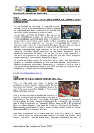 Boletín de Exportaciones Regionales

PIURA
AGRICULTORES DE           LAS    LOMAS      PARTICIPARÁN         EN   PRIMERA  ...