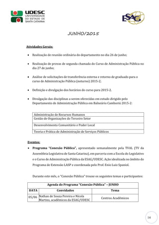 14
JUNHO/2015
Atividades Gerais:
 Realização de reunião ordinária do departamento no dia 26 de junho;
 Realização de provas de segunda chamada do Curso de Administração Pública no
dia 27 de junho;
 Análise de solicitações de transferência externa e retorno de graduado para o
curso de Administração Pública (noturno) 2015-2;
 Definição e divulgação dos horários do curso para 2015-2.
 Divulgação das disciplinas a serem oferecidas em estudo dirigido pelo
Departamento de Administração Pública em Balneário Camboriú 2015-2:
Administração de Recursos Humanos
Gestão de Organizações do Terceiro Setor
Desenvolvimento Comunitário e Poder Local
Teoria e Prática de Administração de Serviços Públicos
Eventos:
 Programa “Conexão Pública”, apresentado semanalmente pela TVAL (TV da
Assembleia Legislativa de Santa Catarina), em parceria com a Escola do Legislativo
e o Curso de Administração Pública da ESAG/UDESC. Ação idealizada no âmbito do
Programa de Extensão LASP e coordenada pelo Prof. Enio Luiz Spaniol.
Durante este mês, o “Conexão Pública” trouxe os seguintes temas e participantes:
Agenda do Programa “Conexão Pública” – JUNHO
DATA Convidados Tema
05/06 Nathan de Souza Pereira e Nícola
Martins, acadêmicos da ESAG/UDESC
Centros Acadêmicos
 